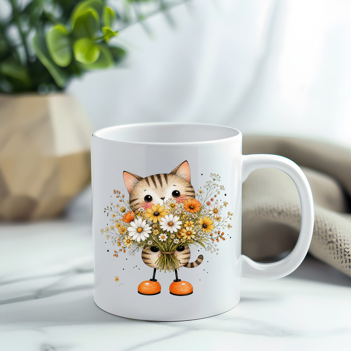 Tabby Cat Holding Daisy Bouquet UV DTF sticker applied to a white coffee mug