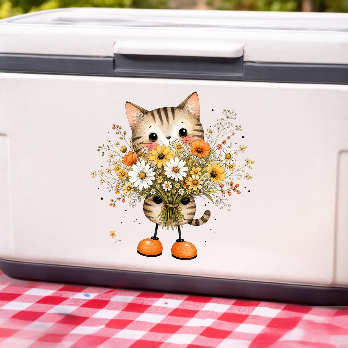 Tabby Cat Holding Daisy Bouquet UV DTF sticker applied to a white cooler on a red gingham cloth