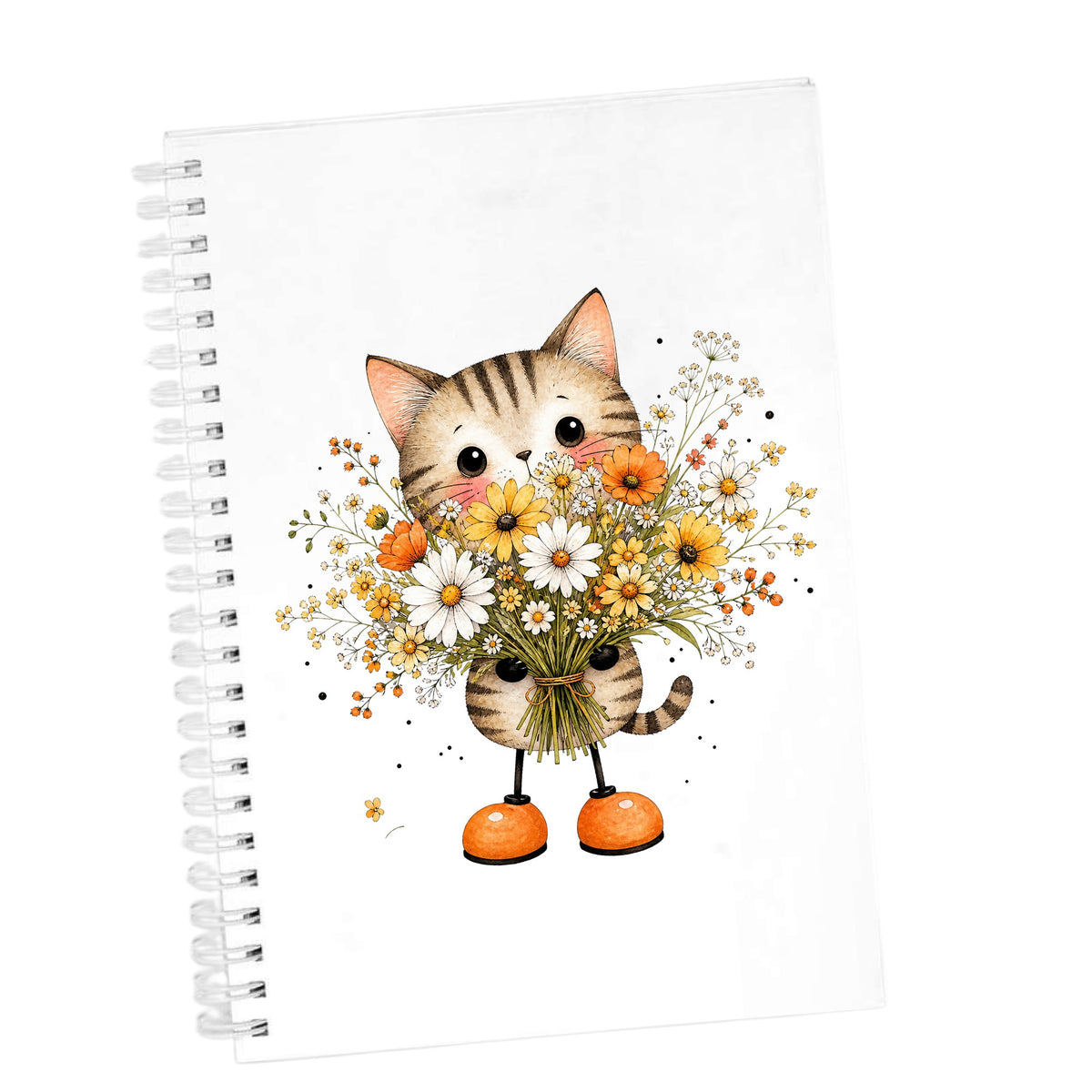 Tabby Cat Holding Daisy Bouquet UV DTF sticker applied to the cover of a white spiral journal