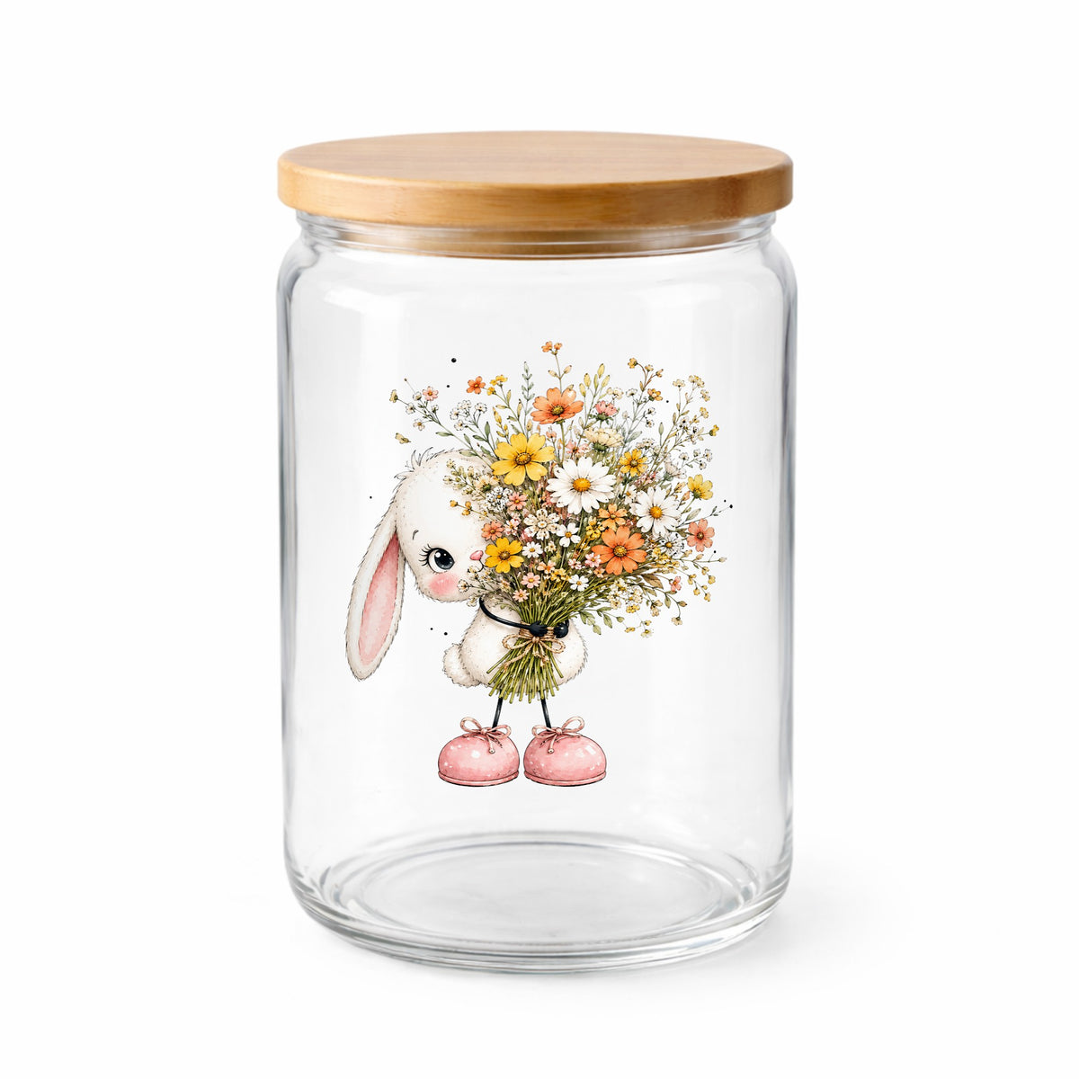 White Bunny Holding Wildflower Bouquet UV DTF sticker applied to a clear glass jar with a wooden lid