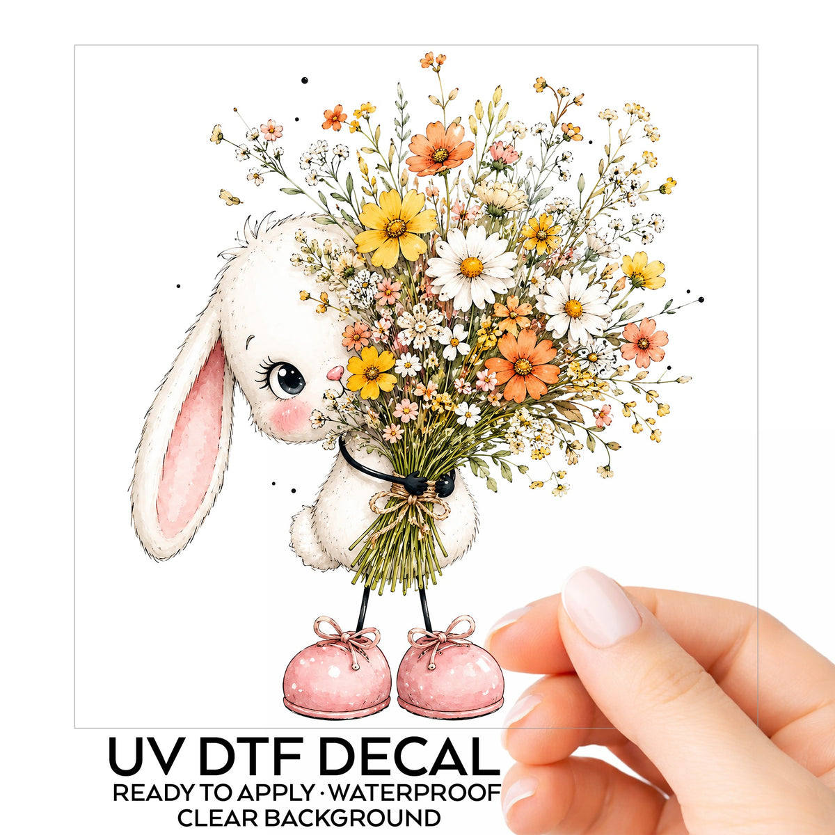White Bunny Holding Wildflower Bouquet UV DTF sticker on its backing card, held in hand