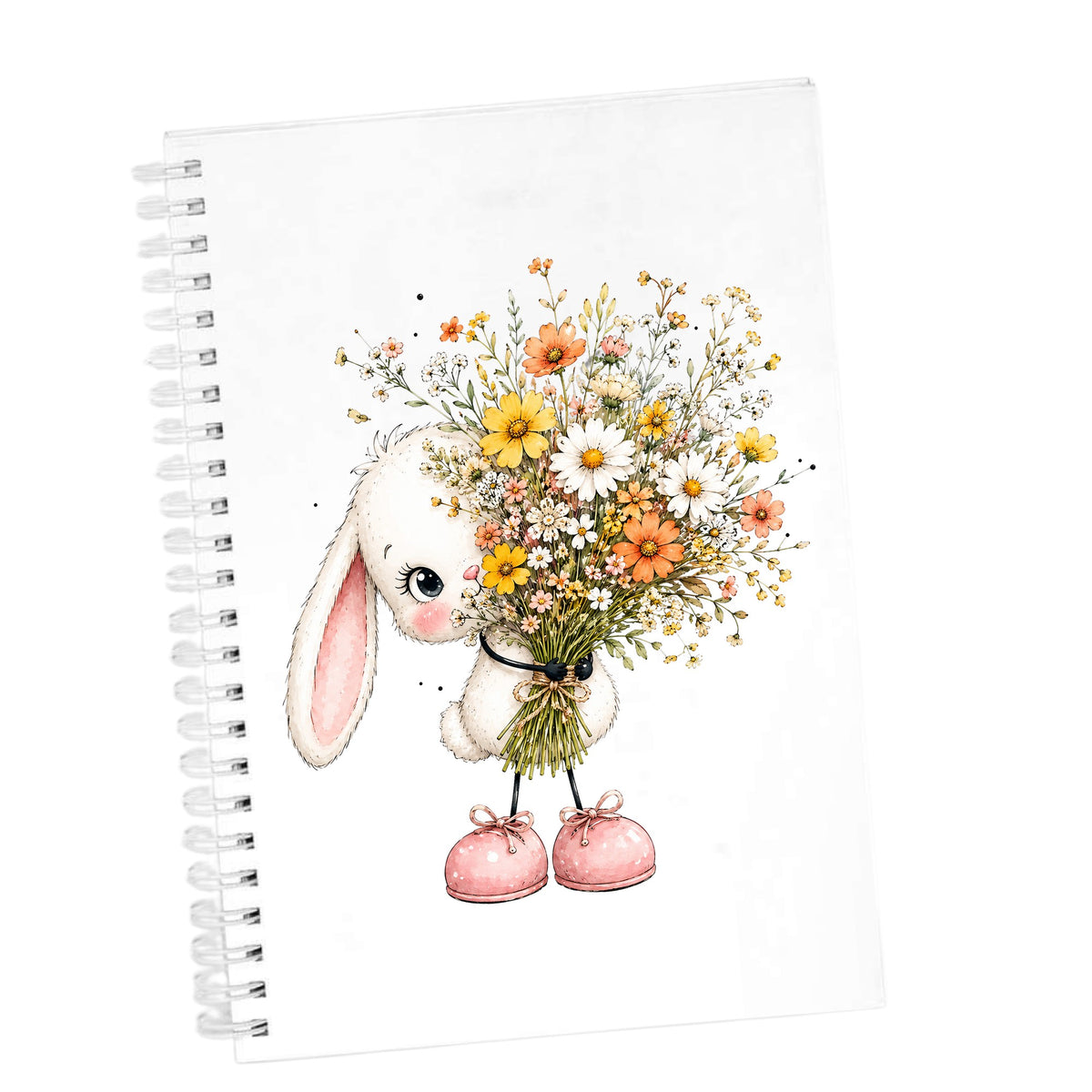 White Bunny Holding Wildflower Bouquet UV DTF sticker applied to the cover of a white spiral journal