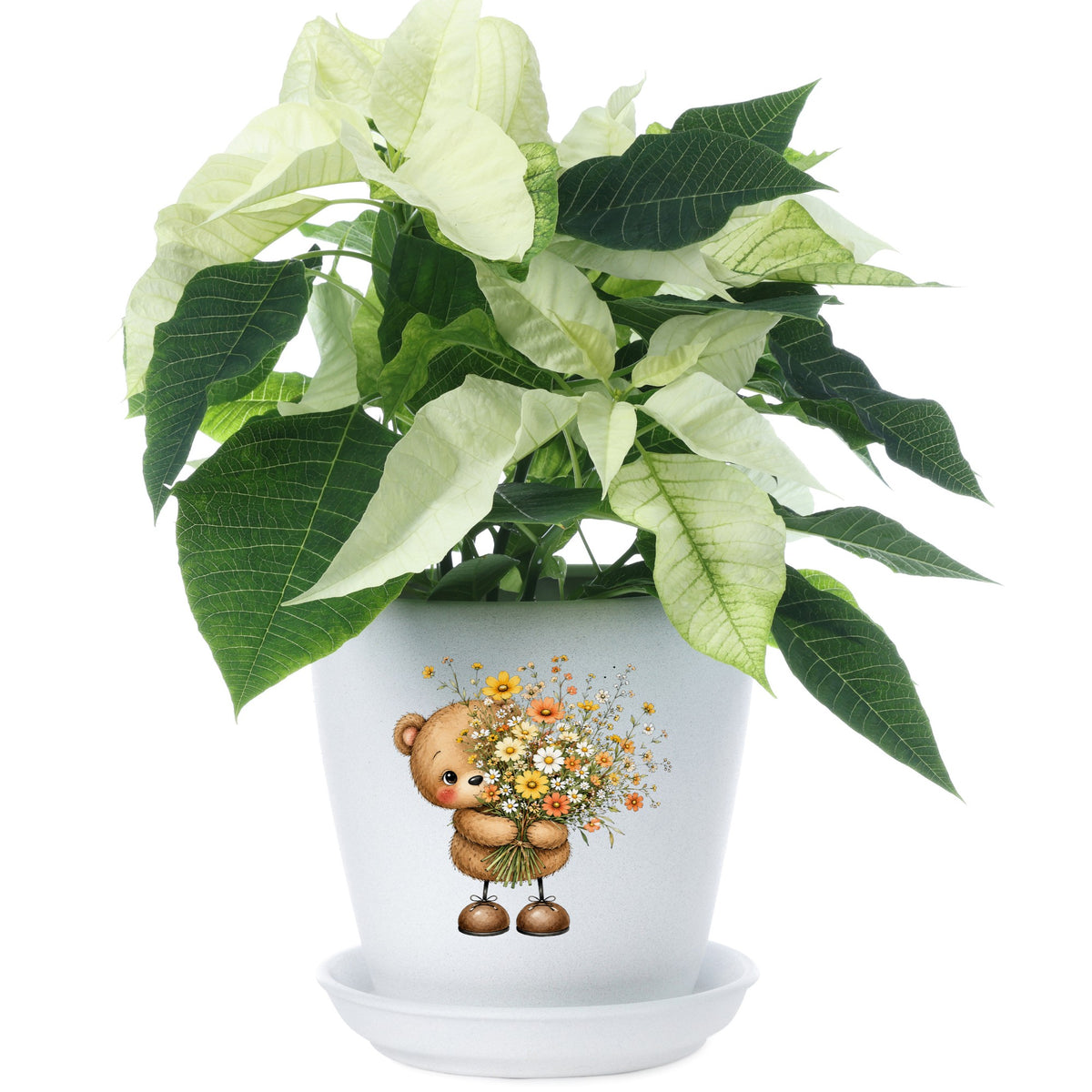 Teddy Bear Holding Wildflower Bouquet UV DTF sticker applied to a white flower pot