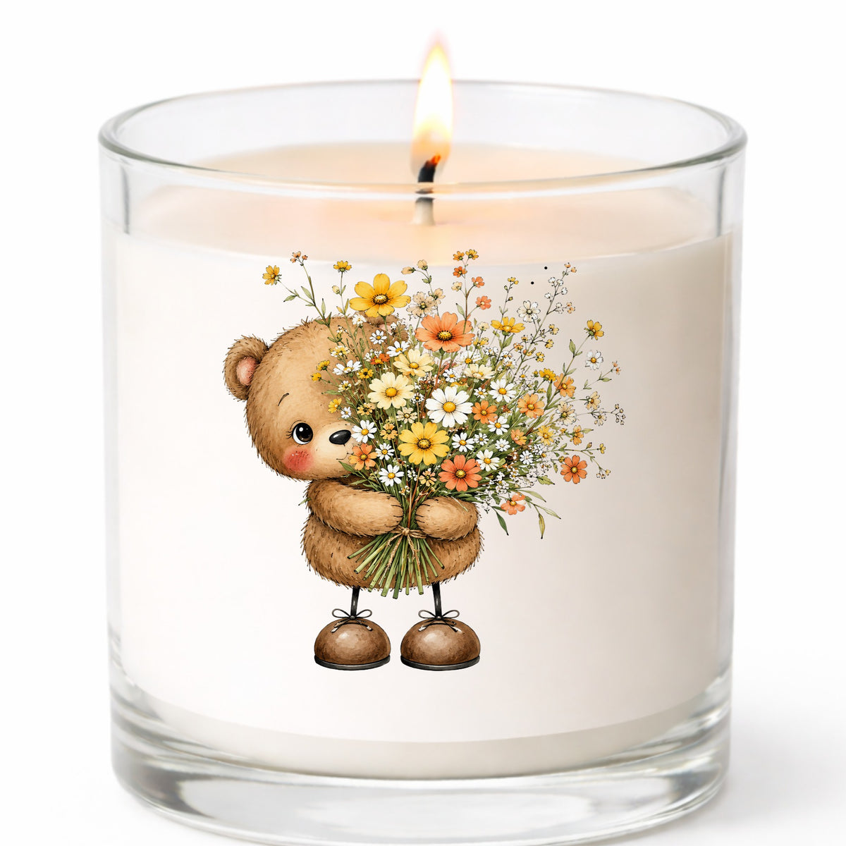 Teddy Bear Holding Wildflower Bouquet UV DTF sticker applied to a white candle in a clear glass jar