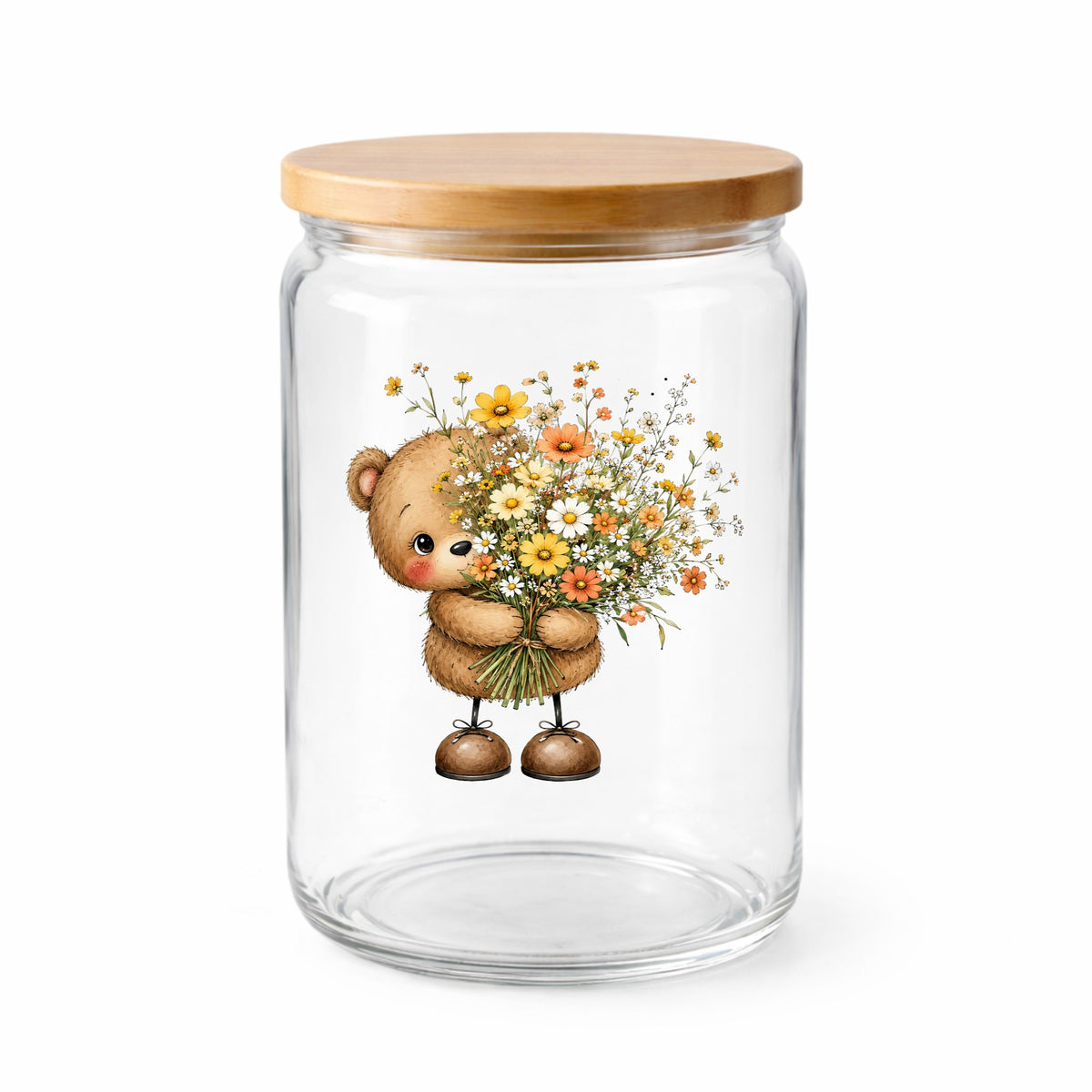Teddy Bear Holding Wildflower Bouquet UV DTF sticker applied to a clear glass jar with a wooden lid