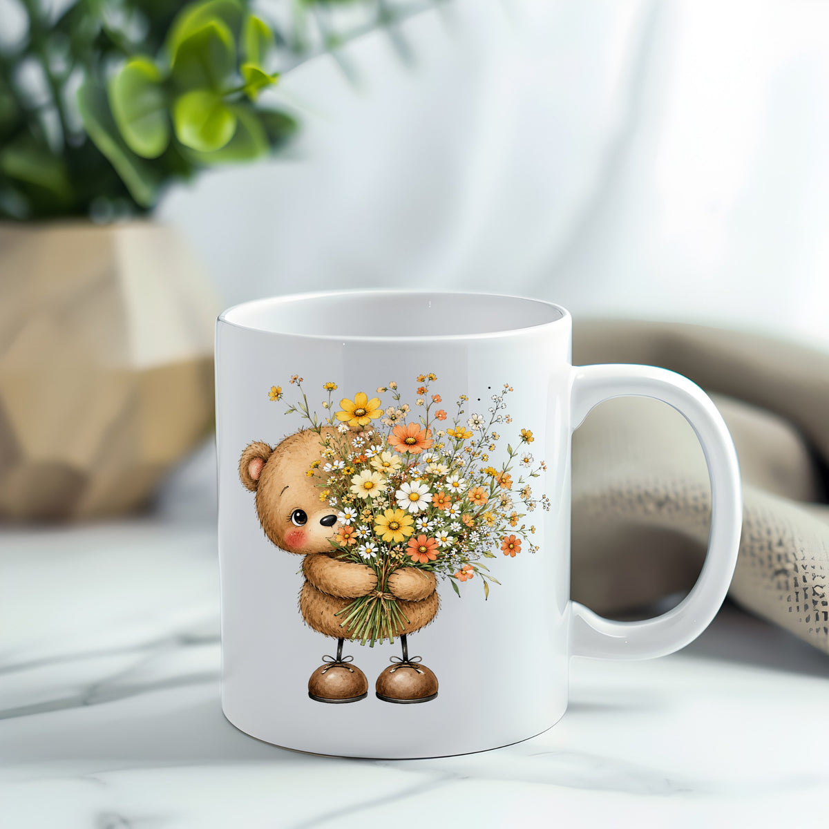 Teddy Bear Holding Wildflower Bouquet UV DTF sticker applied to a white coffee mug