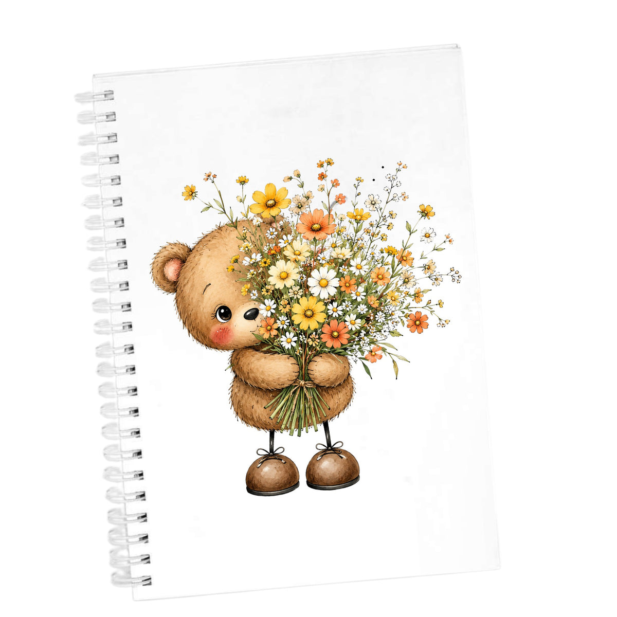 Teddy Bear Holding Wildflower Bouquet UV DTF sticker applied to the cover of a white spiral journal
