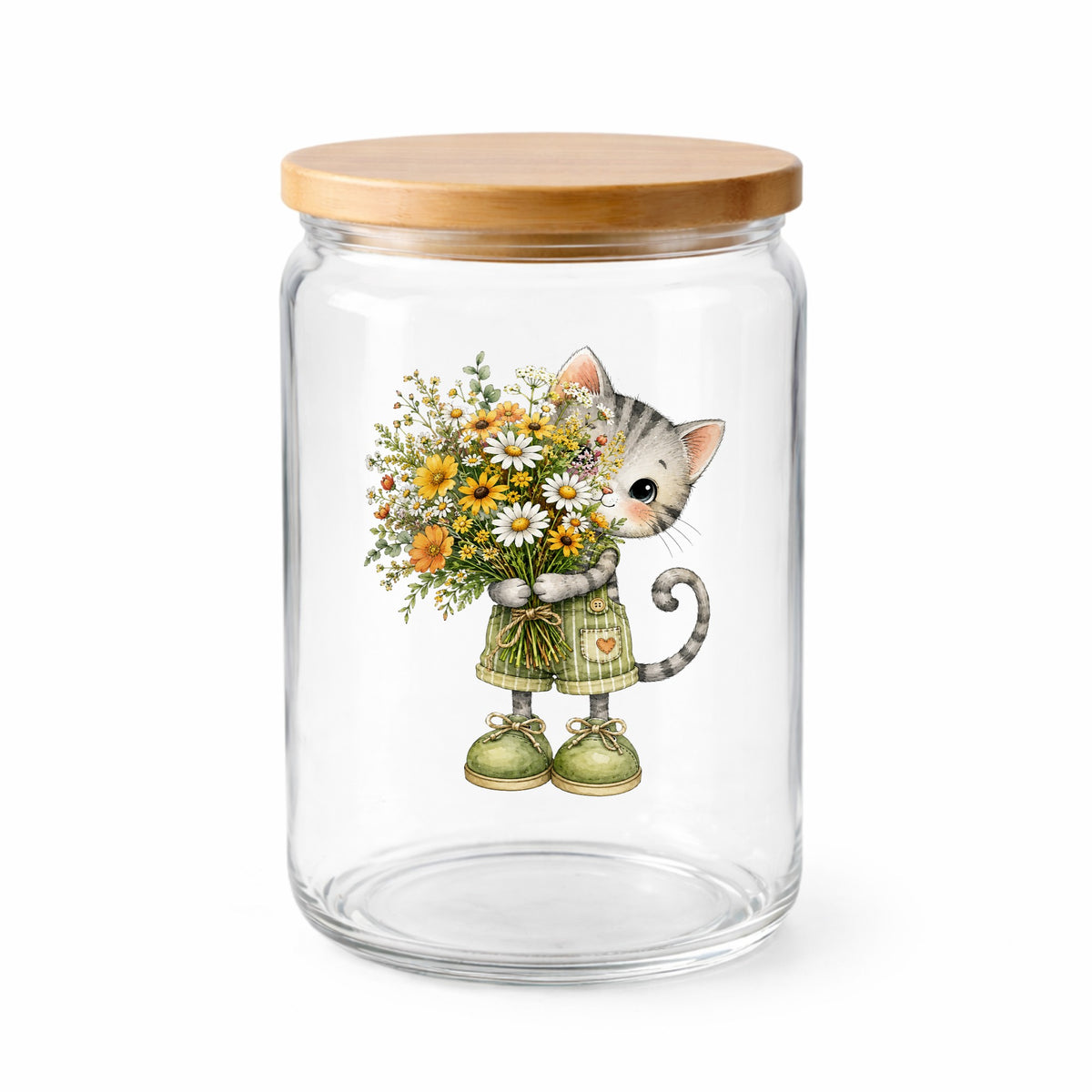 Grey Kitten In Overalls Holding Flowers UV DTF sticker applied to a clear glass jar with a wooden lid