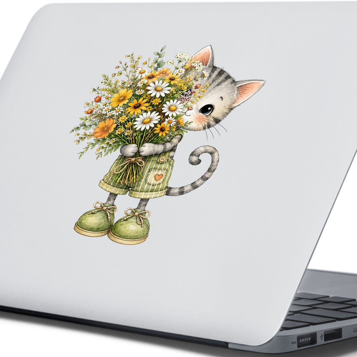 Grey Kitten In Overalls Holding Flowers UV DTF sticker applied to the lid of a silver laptop
