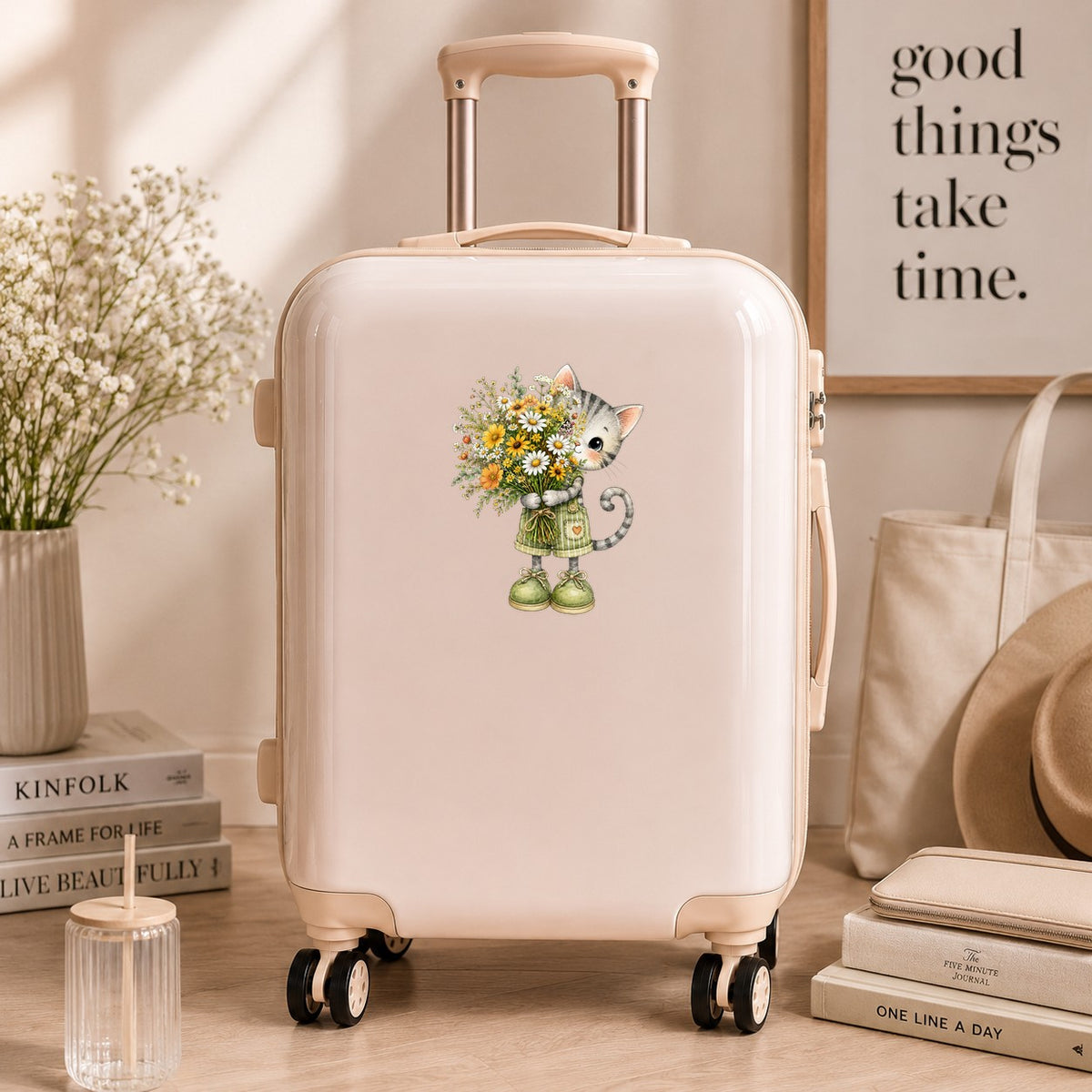 Grey Kitten In Overalls Holding Flowers UV DTF sticker applied to a cream carry-on suitcase