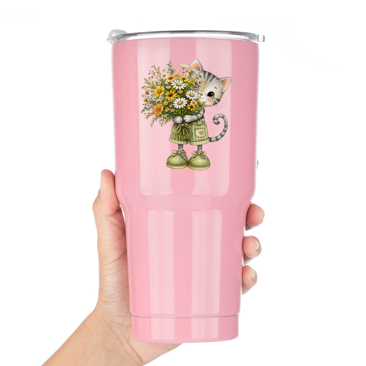 Grey Kitten In Overalls Holding Flowers UV DTF sticker applied to a pink tumbler held against a white background