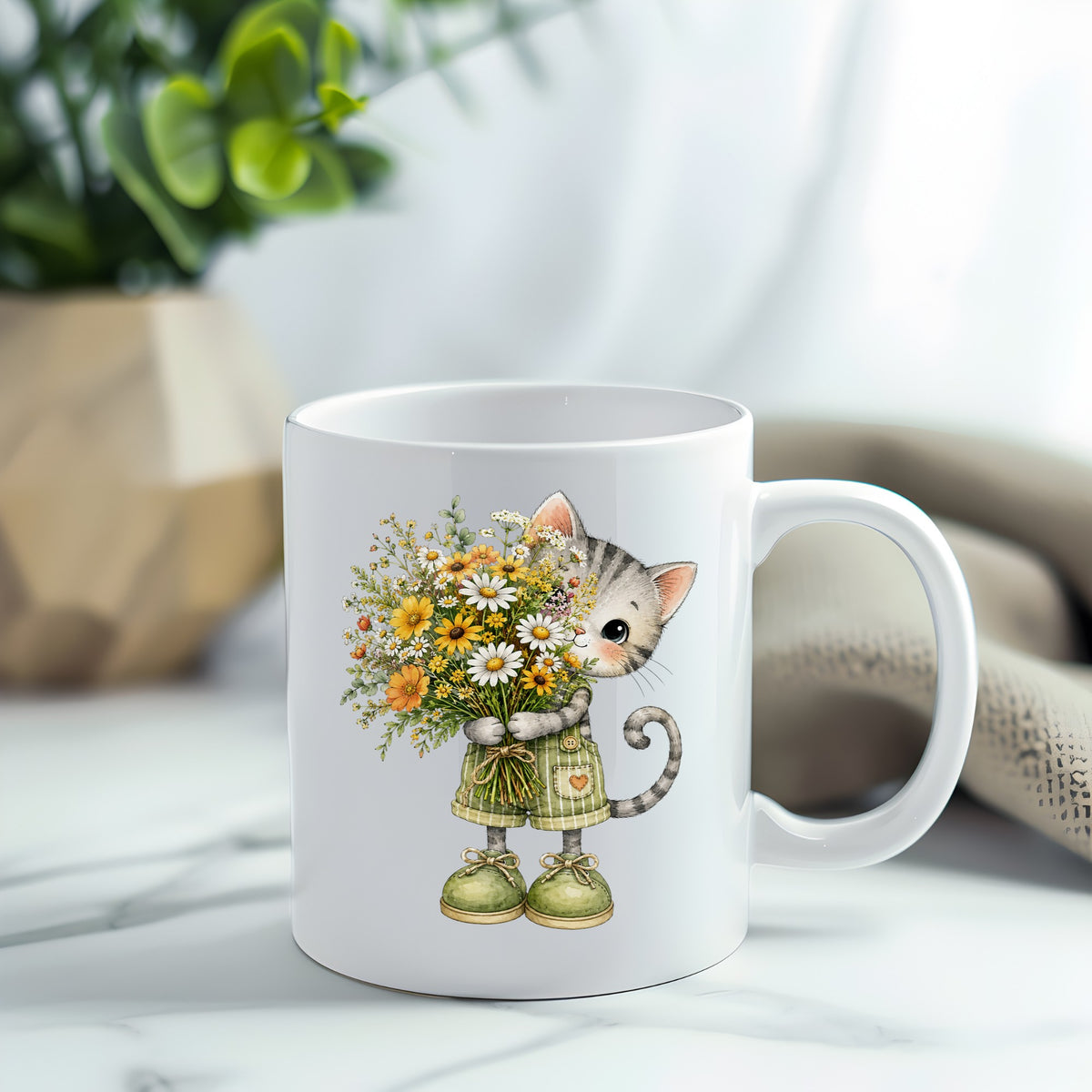 Grey Kitten In Overalls Holding Flowers UV DTF sticker applied to a white coffee mug