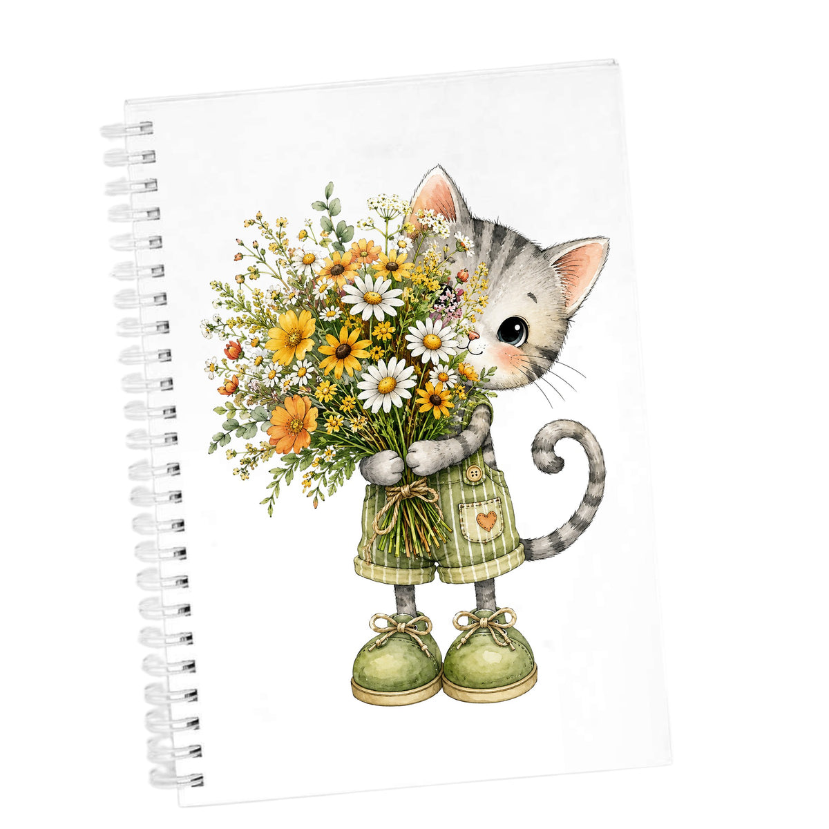 Grey Kitten In Overalls Holding Flowers UV DTF sticker applied to the cover of a white spiral journal