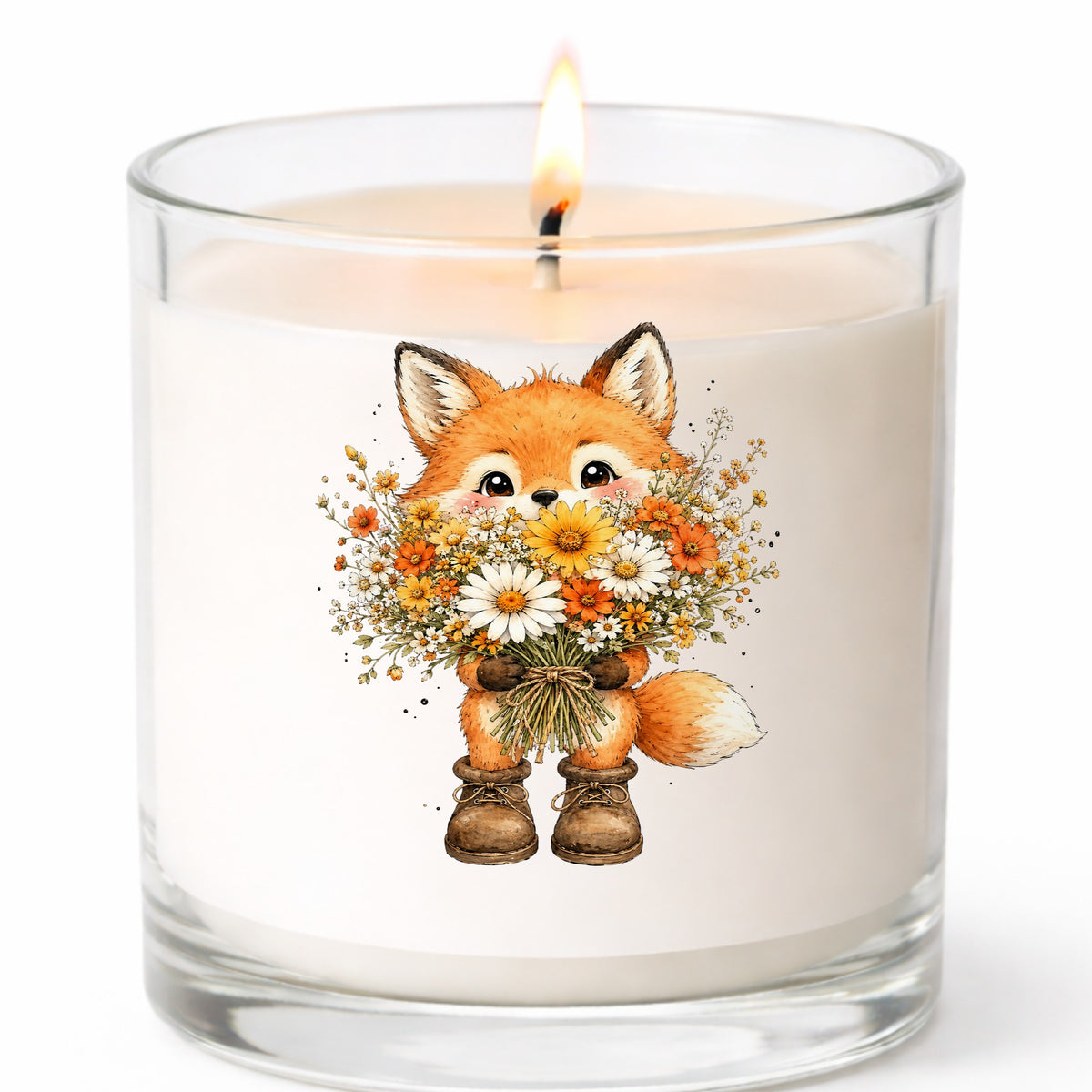 Watercolor Fox Holding Daisy Bouquet UV DTF sticker applied to a white candle in a clear glass jar