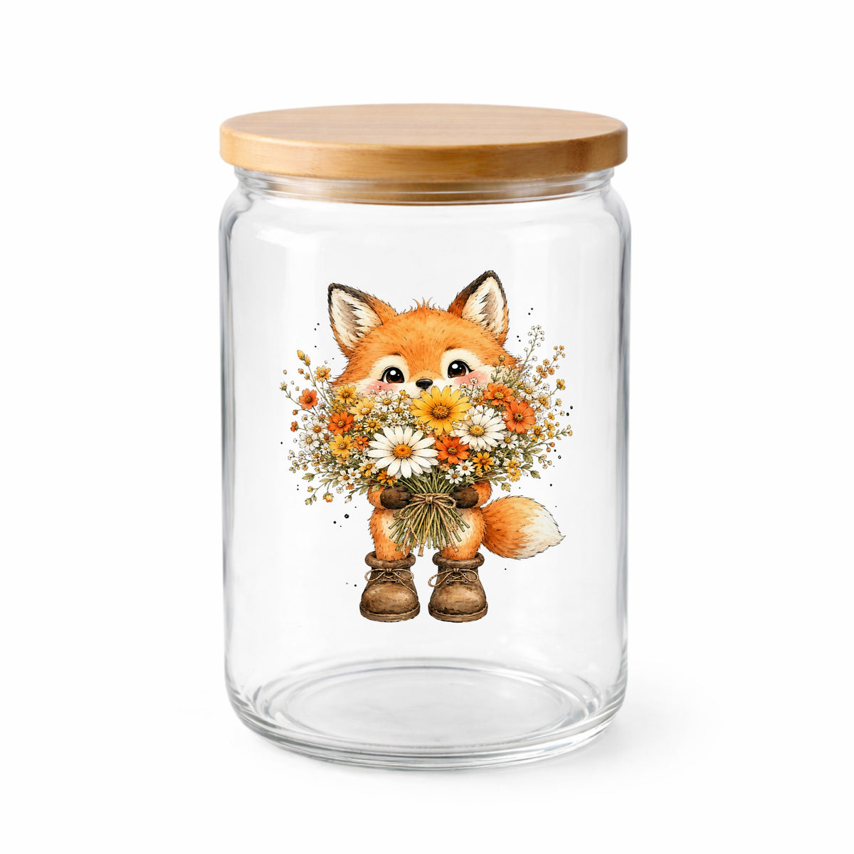 Watercolor Fox Holding Daisy Bouquet UV DTF sticker applied to a clear glass jar with a wooden lid