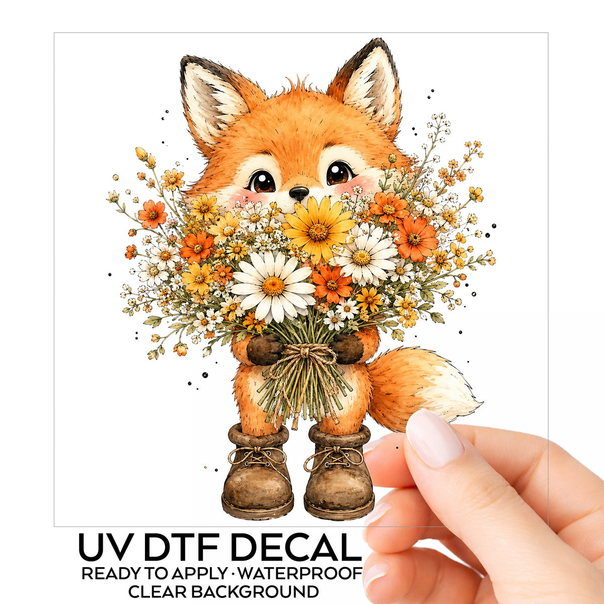 Watercolor Fox Holding Daisy Bouquet UV DTF sticker on its backing card, held in hand