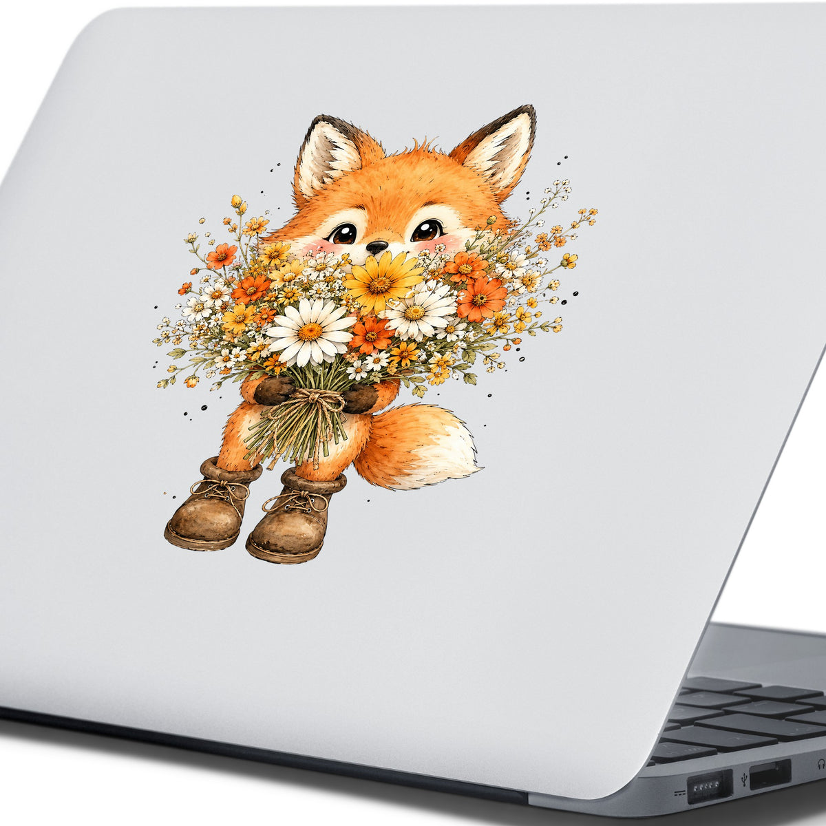 Watercolor Fox Holding Daisy Bouquet UV DTF sticker applied to the lid of a silver laptop