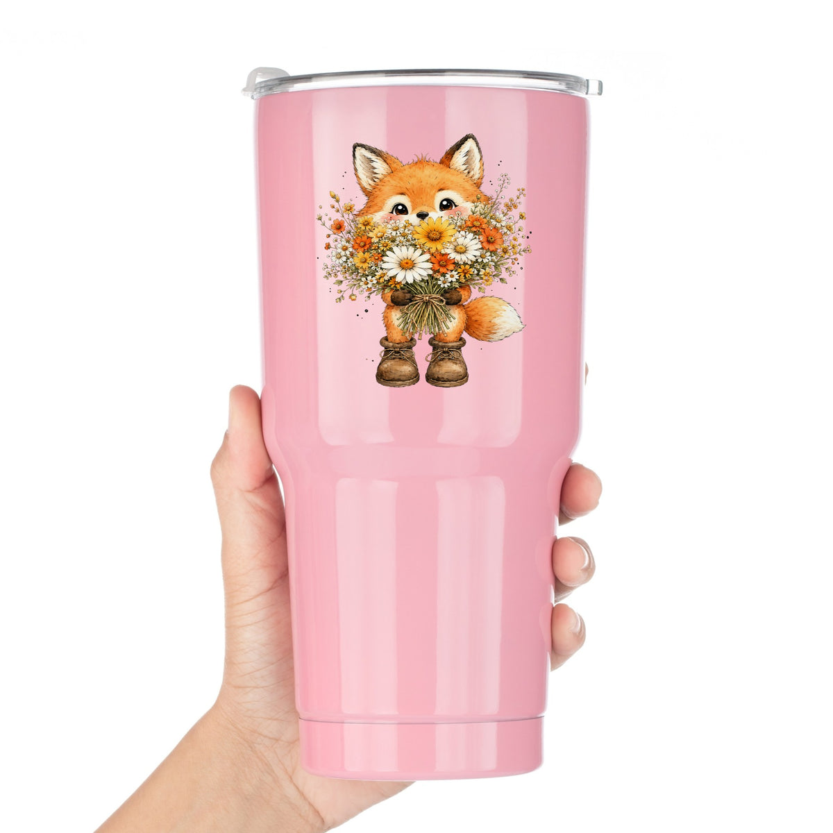 Watercolor Fox Holding Daisy Bouquet UV DTF sticker applied to a pink tumbler held against a white background
