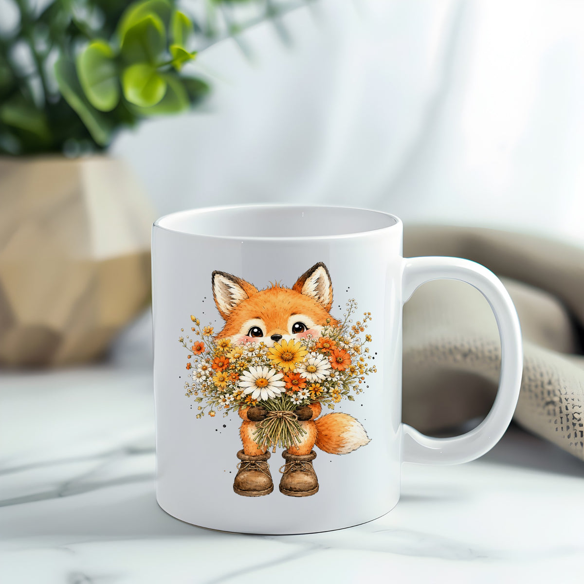 Watercolor Fox Holding Daisy Bouquet UV DTF sticker applied to a white coffee mug