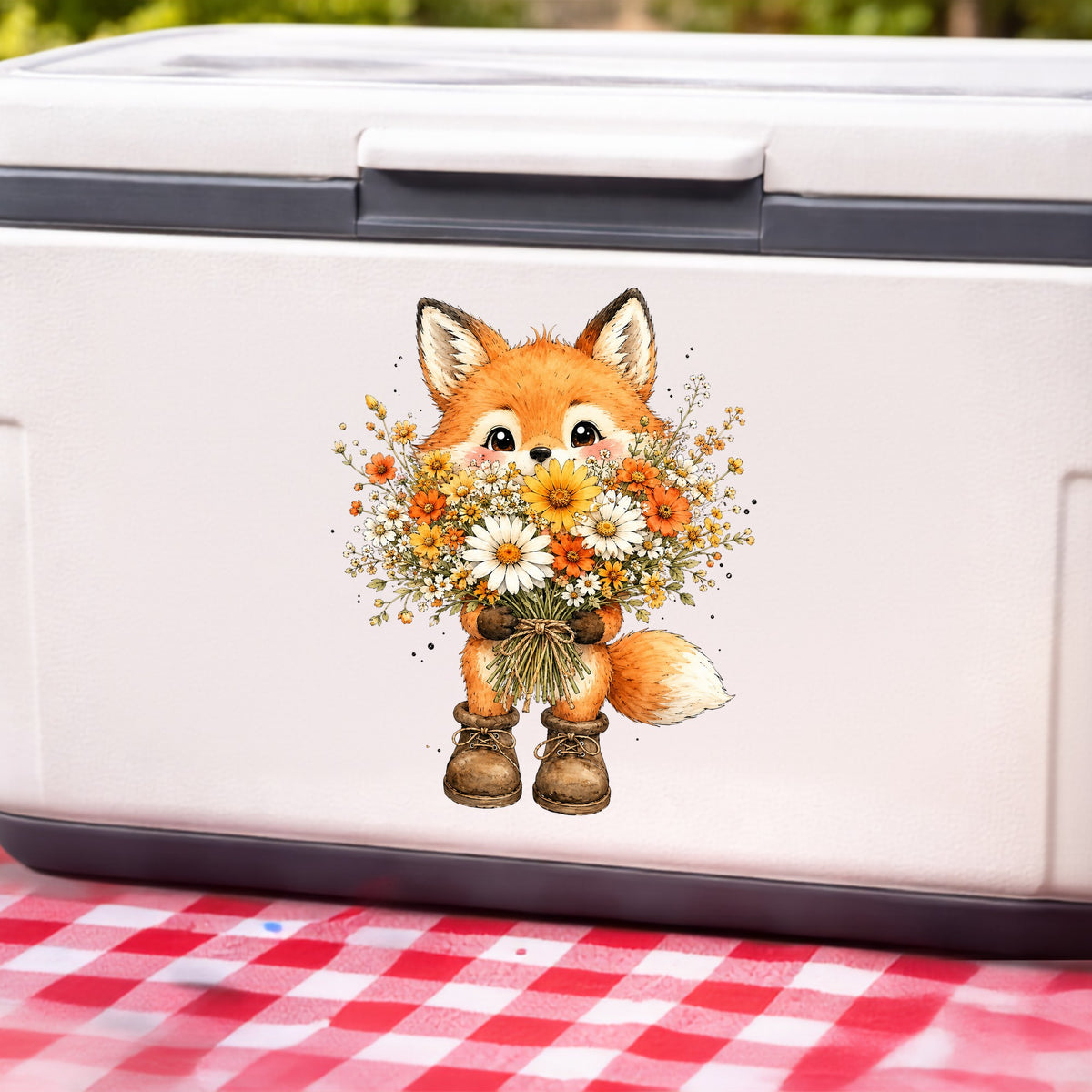 Watercolor Fox Holding Daisy Bouquet UV DTF sticker applied to a white cooler on a red gingham cloth