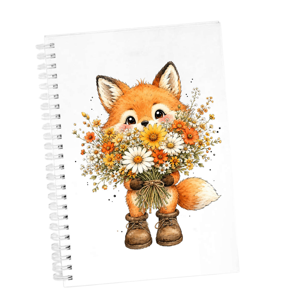 Watercolor Fox Holding Daisy Bouquet UV DTF sticker applied to the cover of a white spiral journal