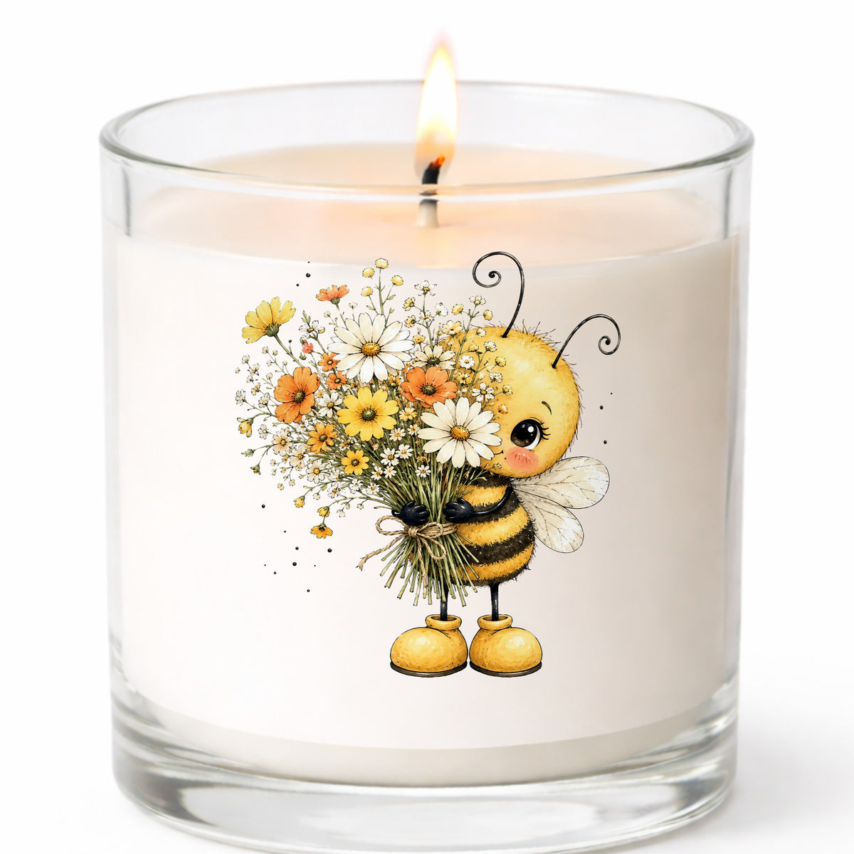 Honey Bee Holding Wildflower Bouquet UV DTF sticker applied to a white candle in a clear glass jar