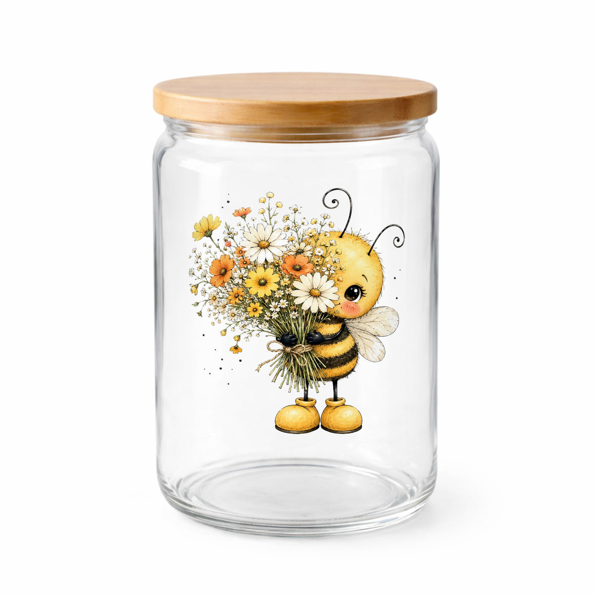 Honey Bee Holding Wildflower Bouquet UV DTF sticker applied to a clear glass jar with a wooden lid