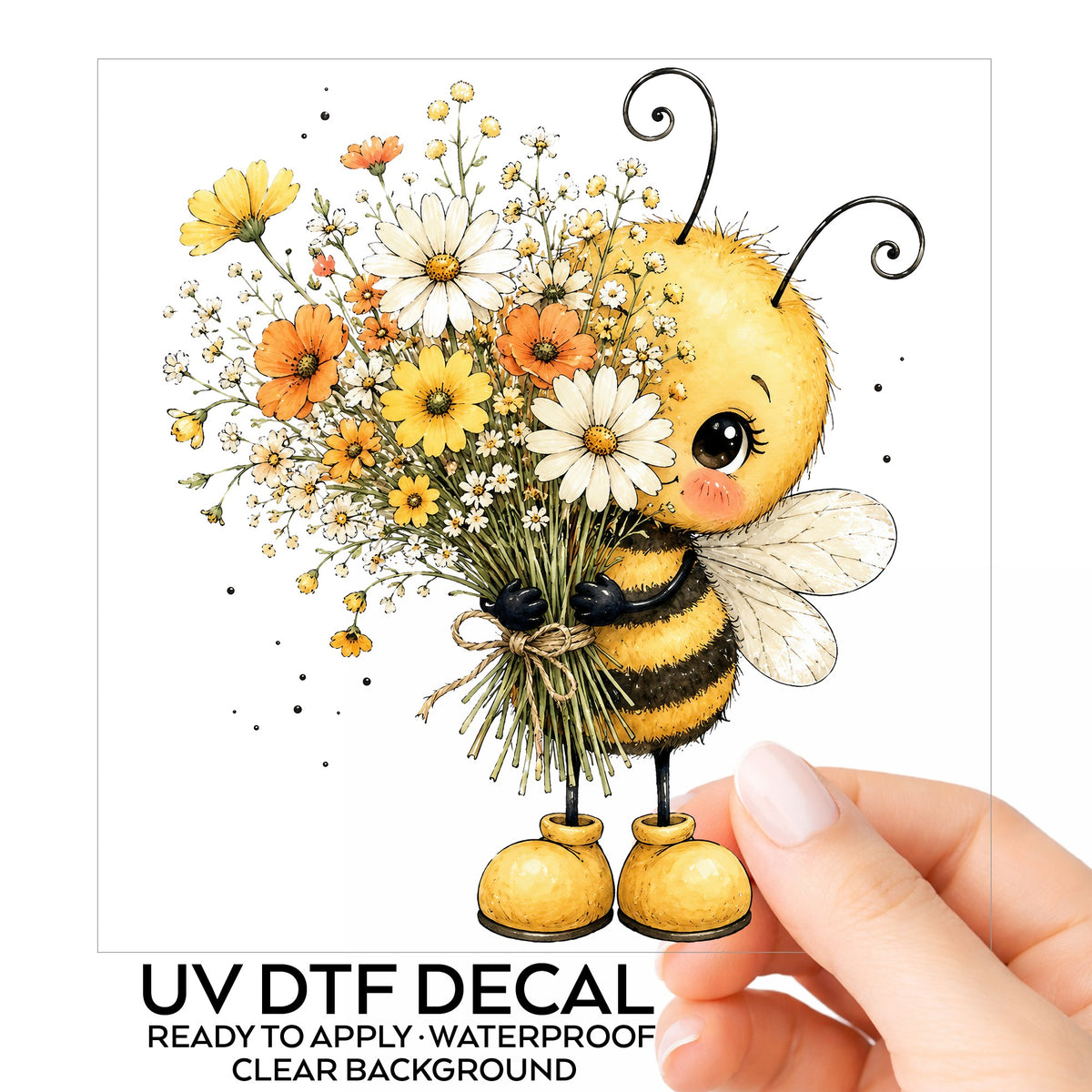 Honey Bee Holding Wildflower Bouquet UV DTF sticker on its backing card, held in hand