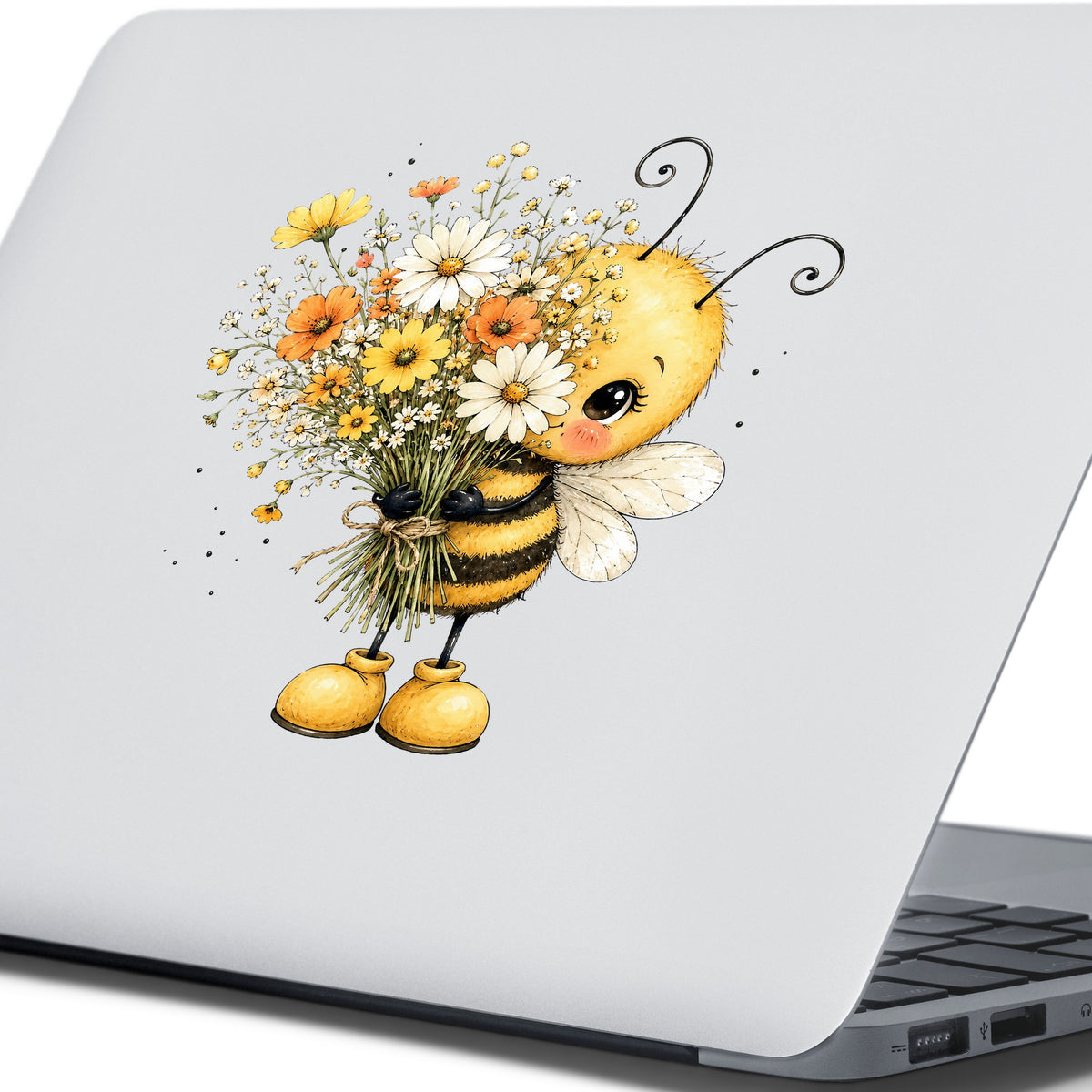 Honey Bee Holding Wildflower Bouquet UV DTF sticker applied to the lid of a silver laptop