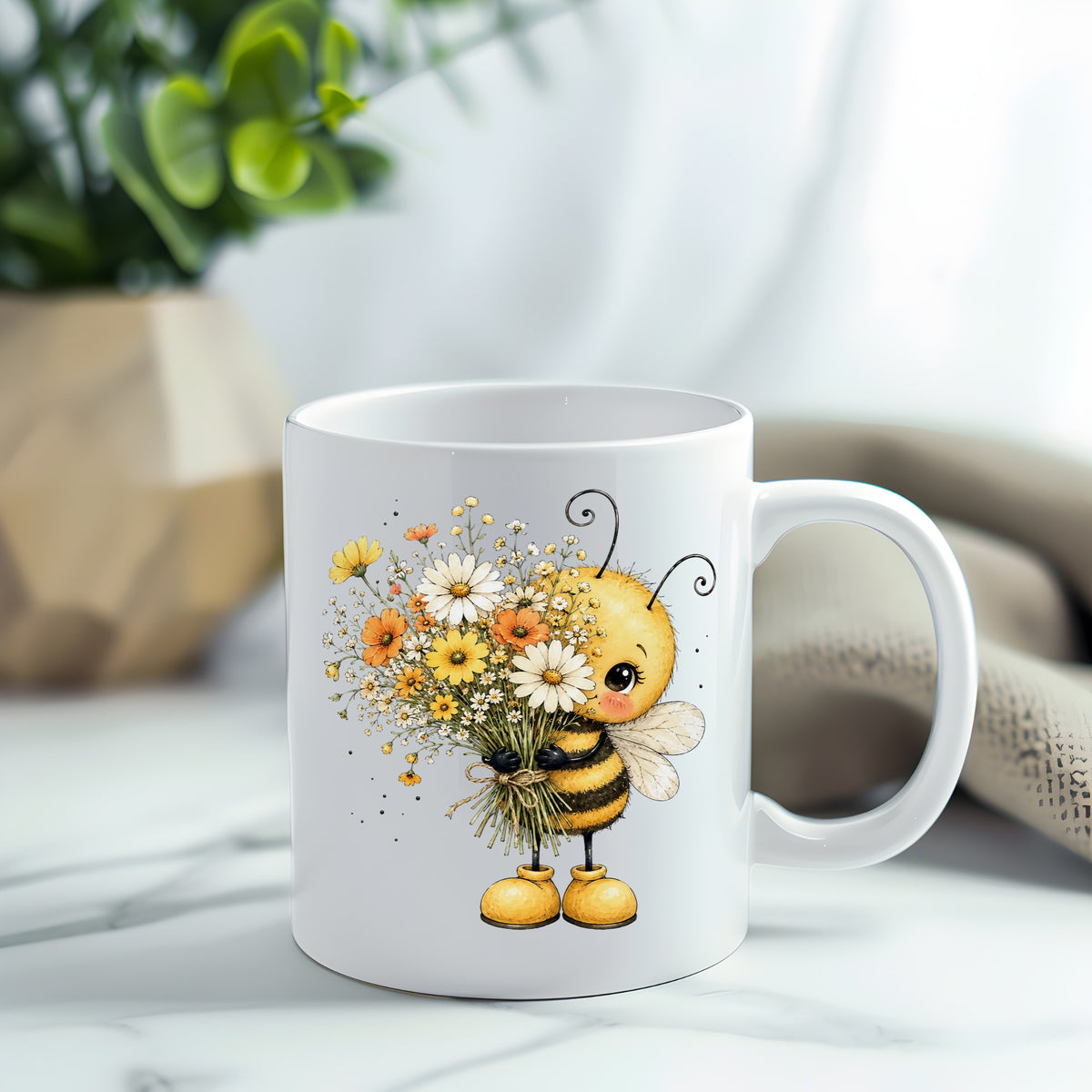 Honey Bee Holding Wildflower Bouquet UV DTF sticker applied to a white coffee mug