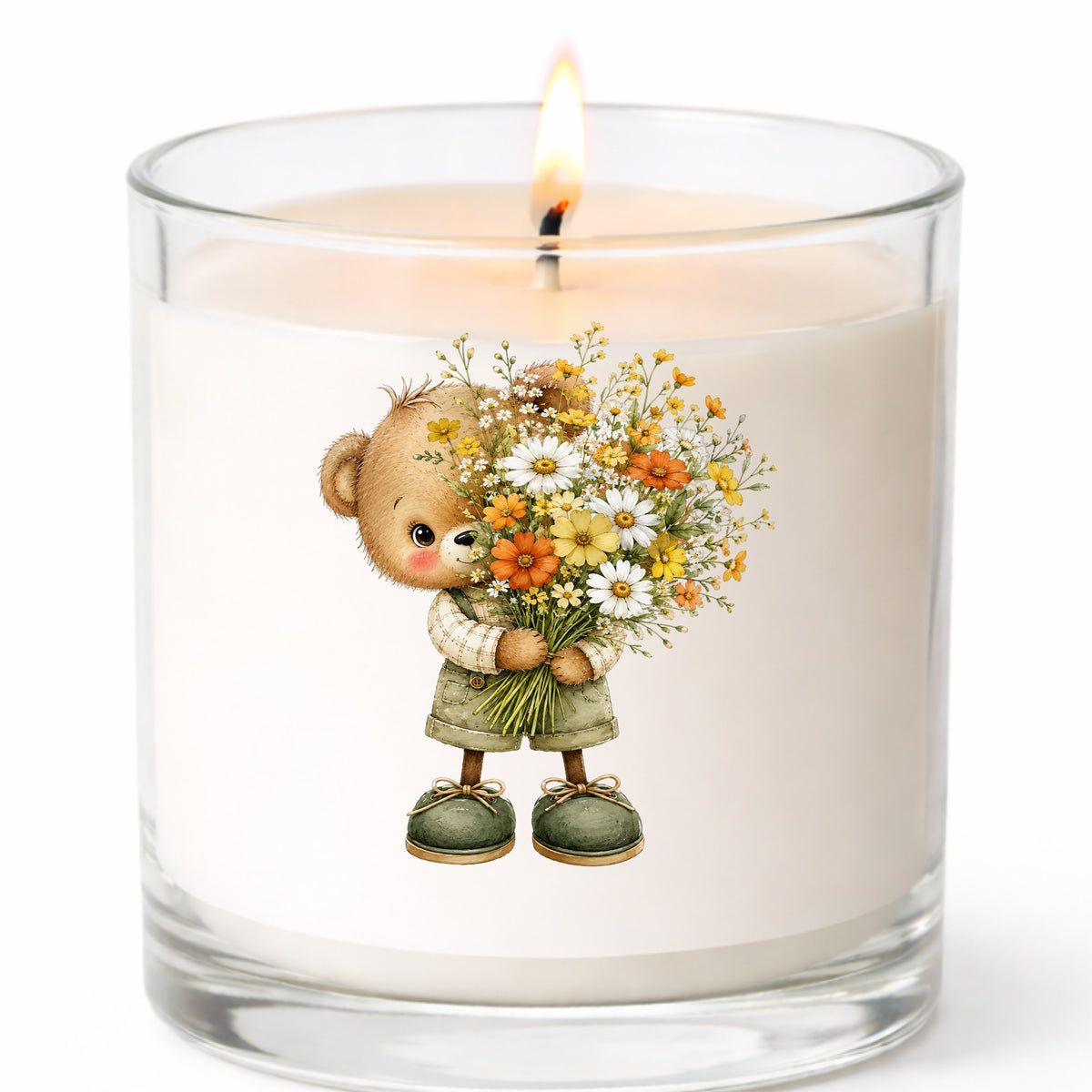 Brown Bear In Overalls Holding Daisy Bouquet UV DTF sticker applied to a white candle in a clear glass jar