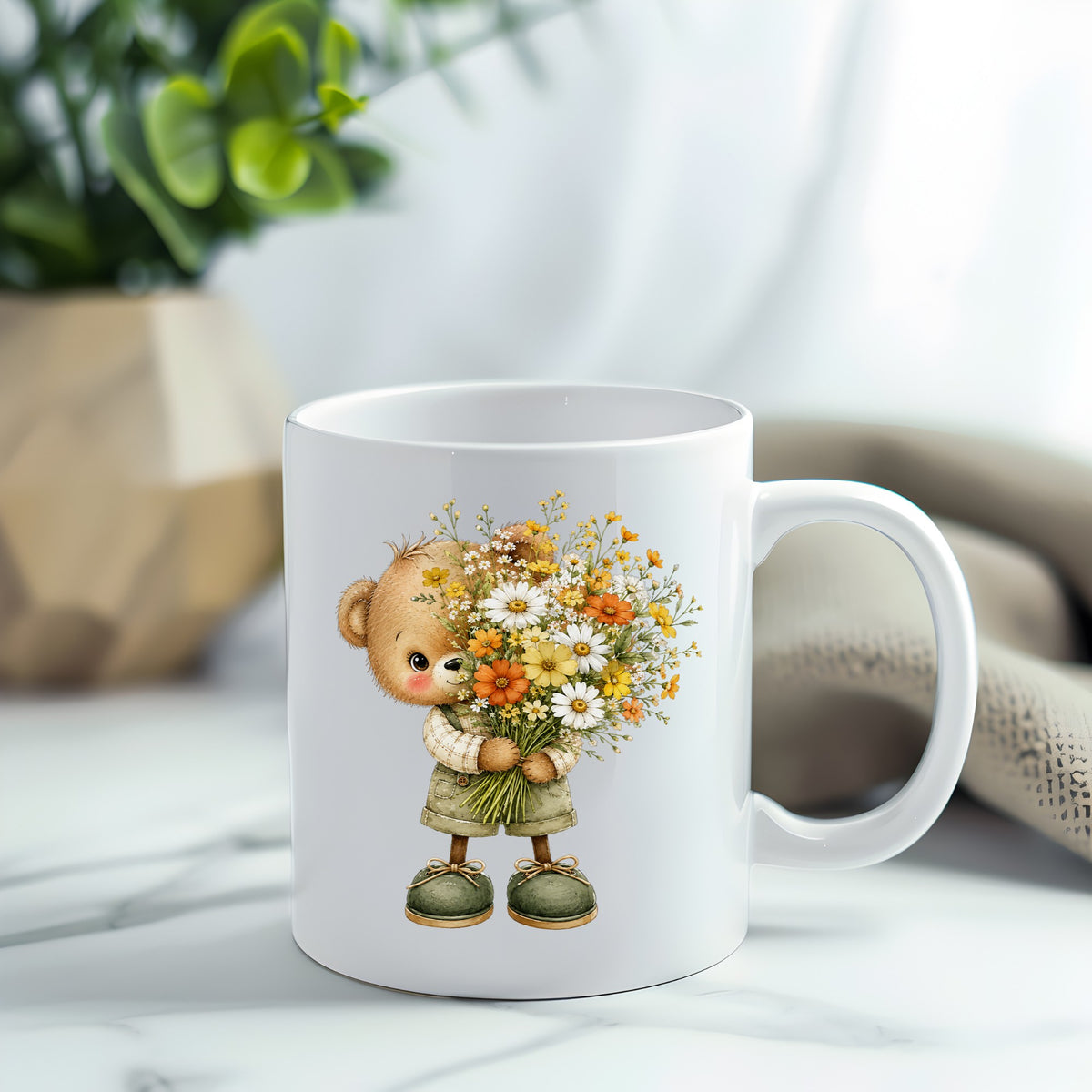 Brown Bear In Overalls Holding Daisy Bouquet UV DTF sticker applied to a white coffee mug