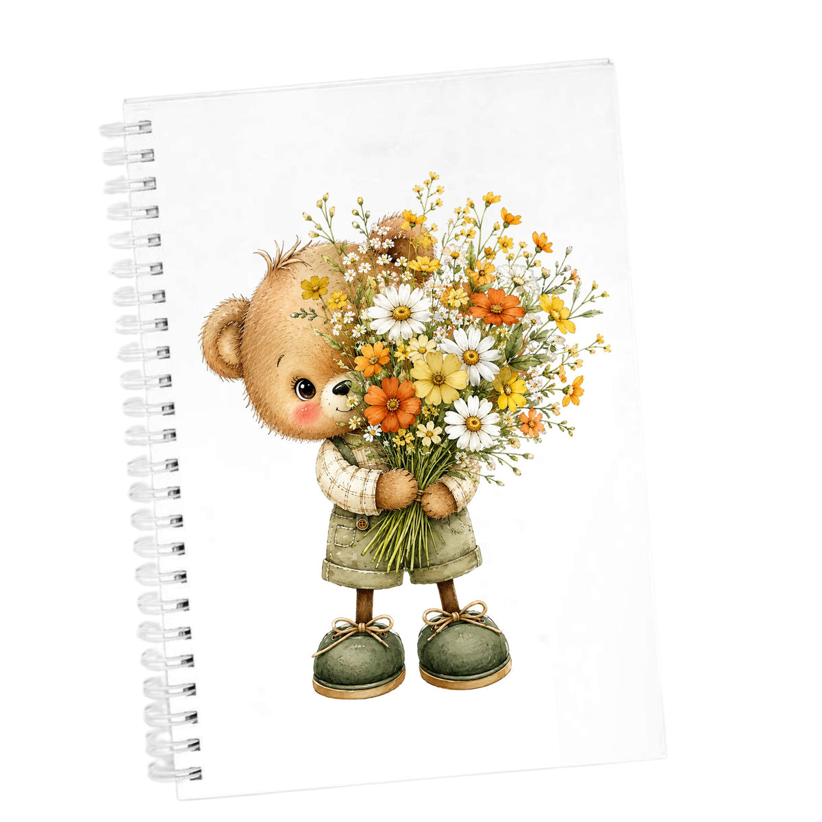Brown Bear In Overalls Holding Daisy Bouquet UV DTF sticker applied to the cover of a white spiral journal