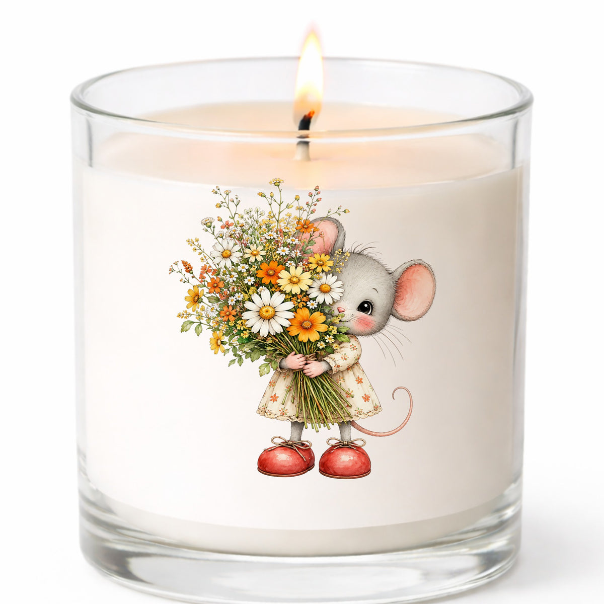 Mouse In Floral Dress Holding Flowers UV DTF sticker applied to a white candle in a clear glass jar