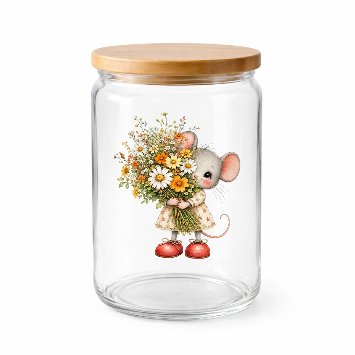 Mouse In Floral Dress Holding Flowers UV DTF sticker applied to a clear glass jar with a wooden lid