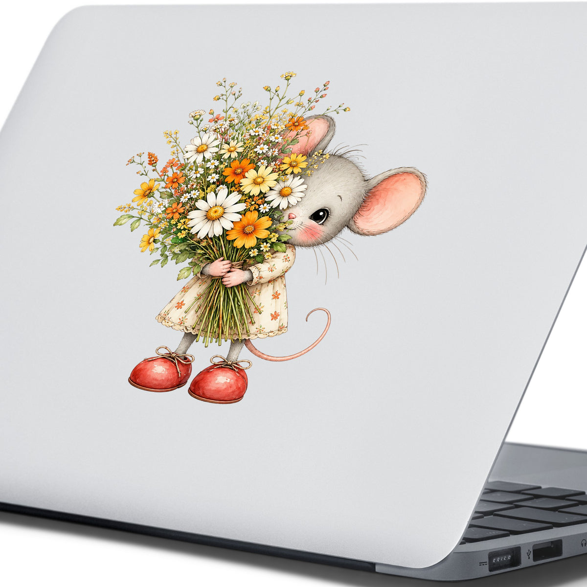 Mouse In Floral Dress Holding Flowers UV DTF sticker applied to the lid of a silver laptop