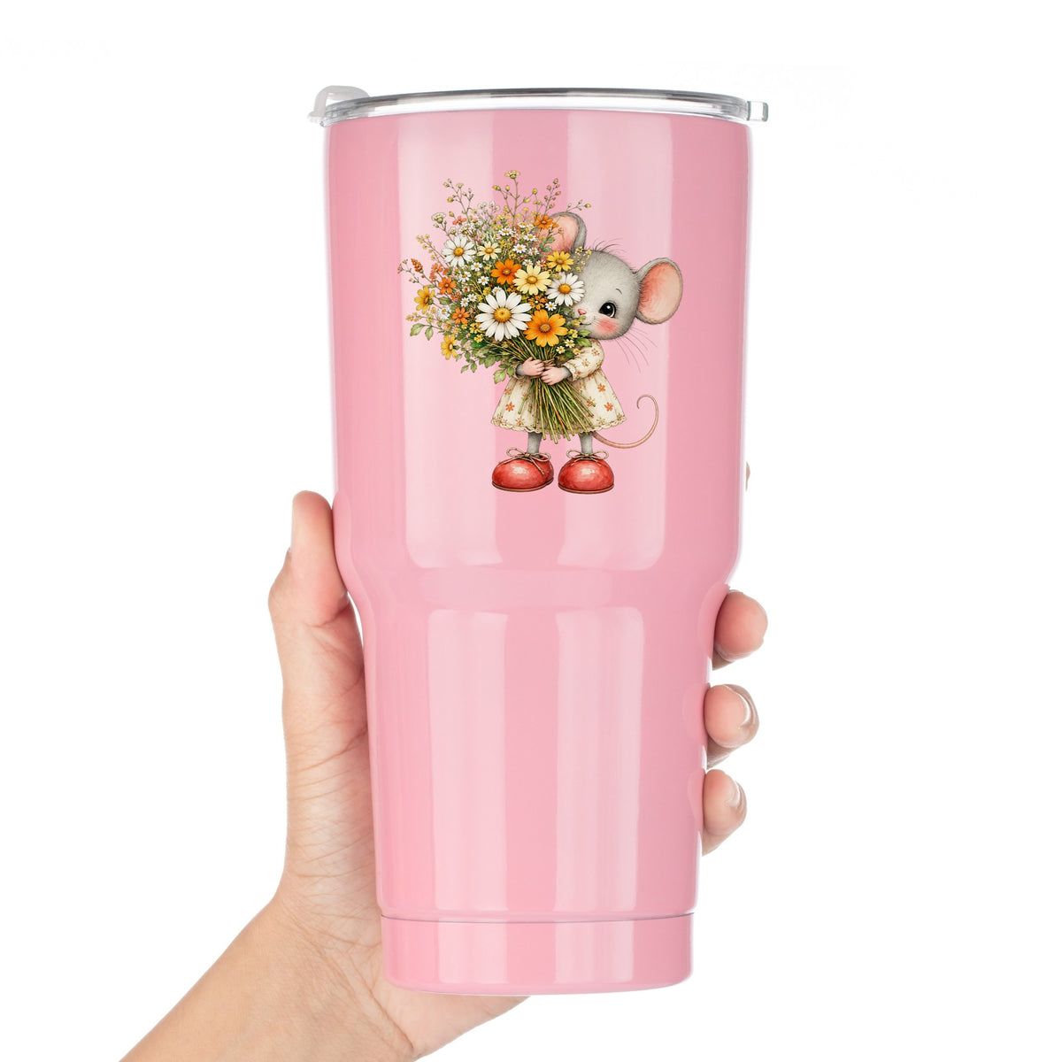 Mouse In Floral Dress Holding Flowers UV DTF sticker applied to a pink tumbler held against a white background