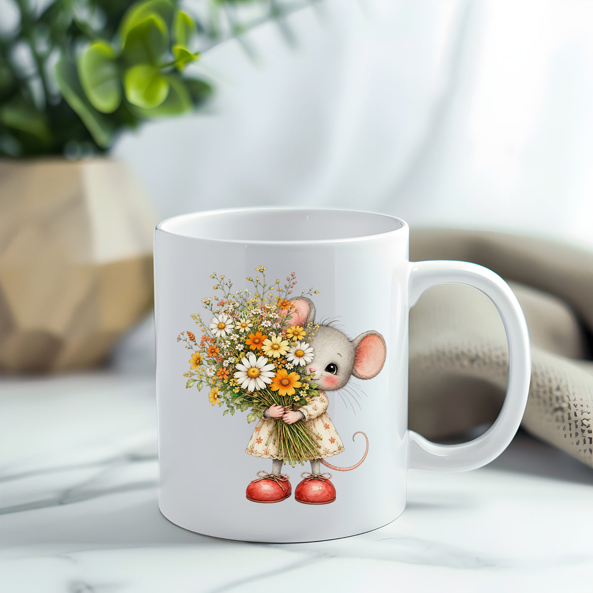 Mouse In Floral Dress Holding Flowers UV DTF sticker applied to a white coffee mug