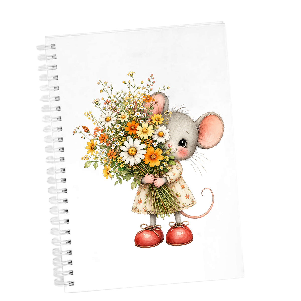 Mouse In Floral Dress Holding Flowers UV DTF sticker applied to the cover of a white spiral journal