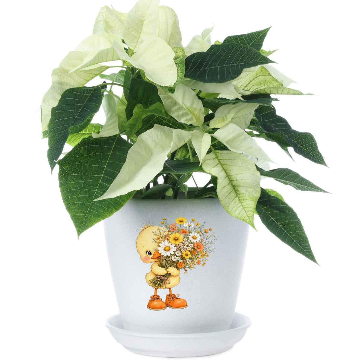 Baby Duck Holding Wildflower Bouquet UV DTF sticker applied to a white flower pot