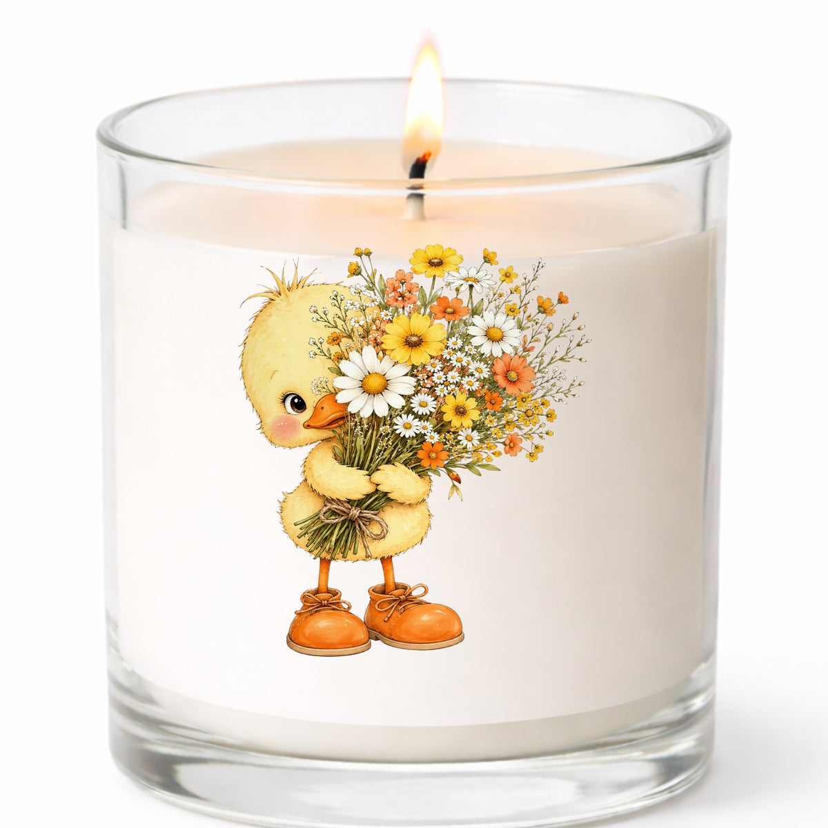 Baby Duck Holding Wildflower Bouquet UV DTF sticker applied to a white candle in a clear glass jar