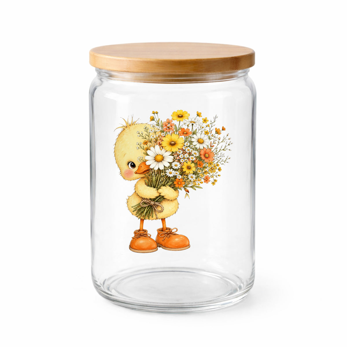 Baby Duck Holding Wildflower Bouquet UV DTF sticker applied to a clear glass jar with a wooden lid