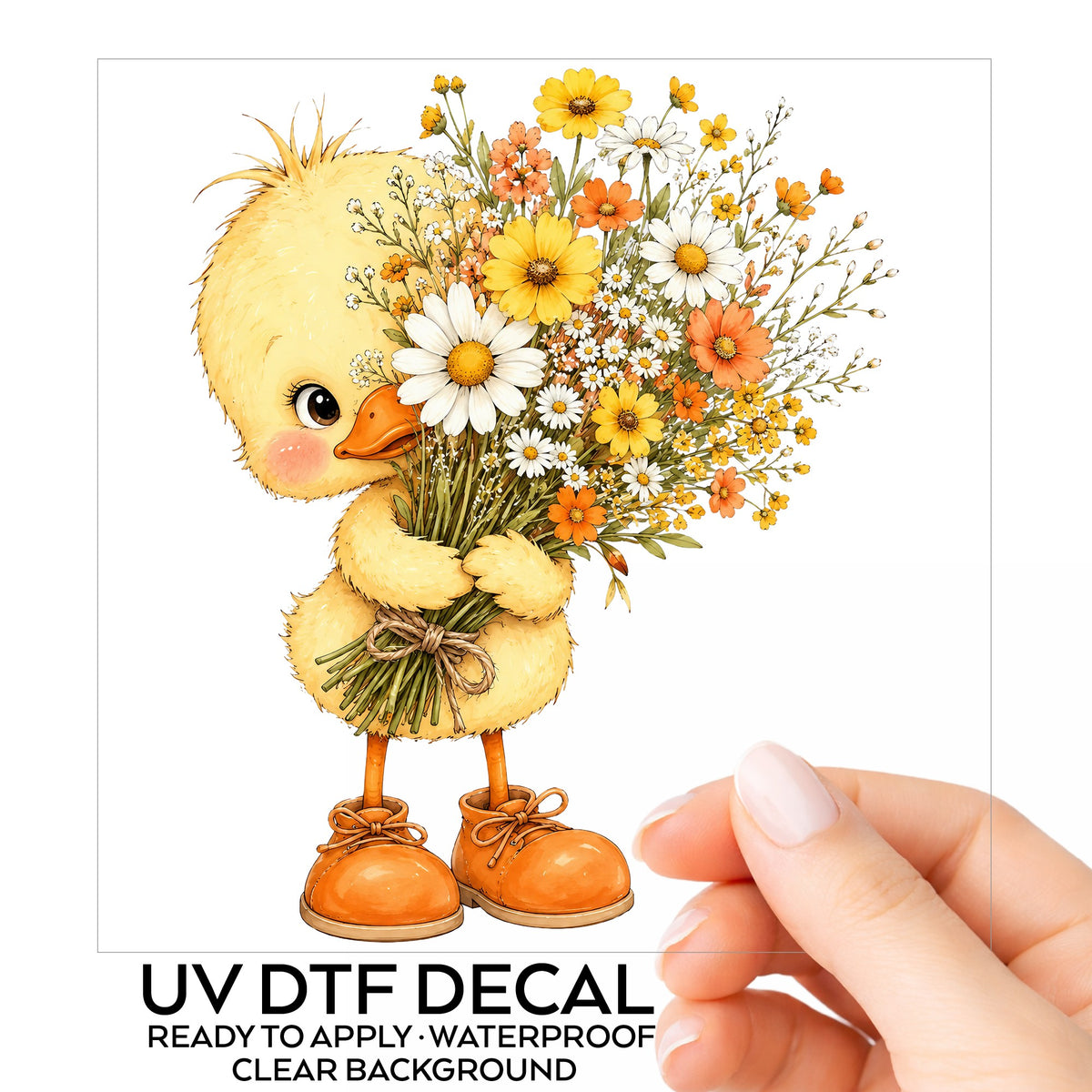 Baby Duck Holding Wildflower Bouquet UV DTF sticker on its backing card, held in hand