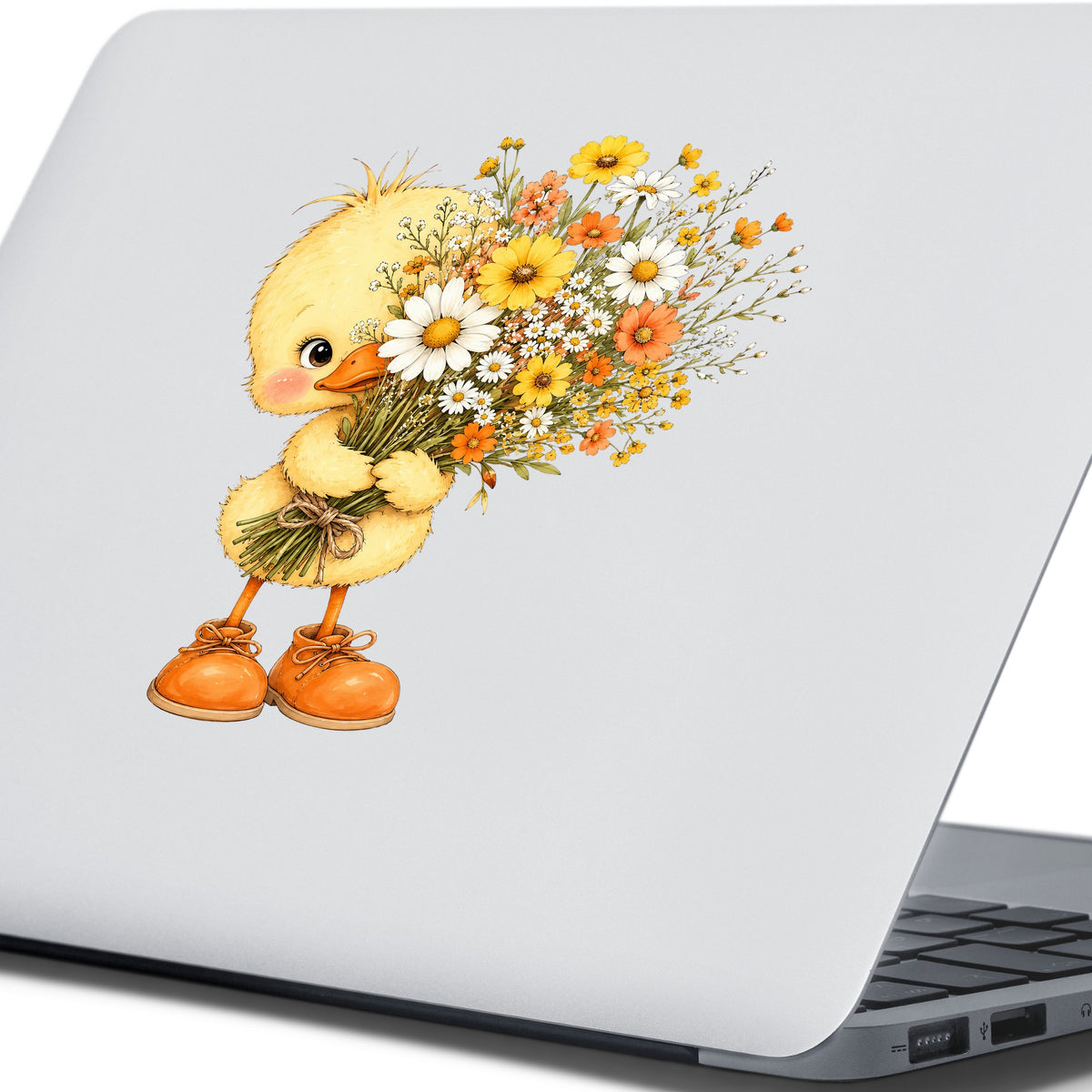 Baby Duck Holding Wildflower Bouquet UV DTF sticker applied to the lid of a silver laptop