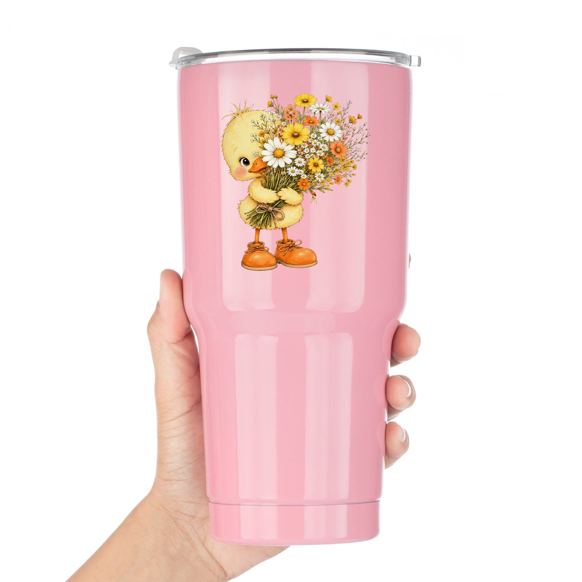 Baby Duck Holding Wildflower Bouquet UV DTF sticker applied to a pink tumbler held against a white background