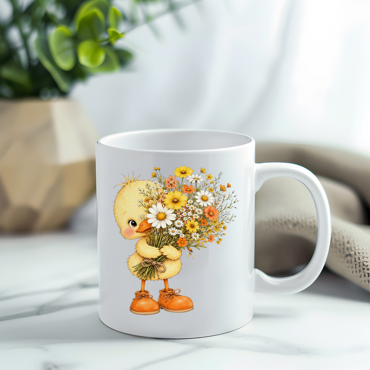 Baby Duck Holding Wildflower Bouquet UV DTF sticker applied to a white coffee mug