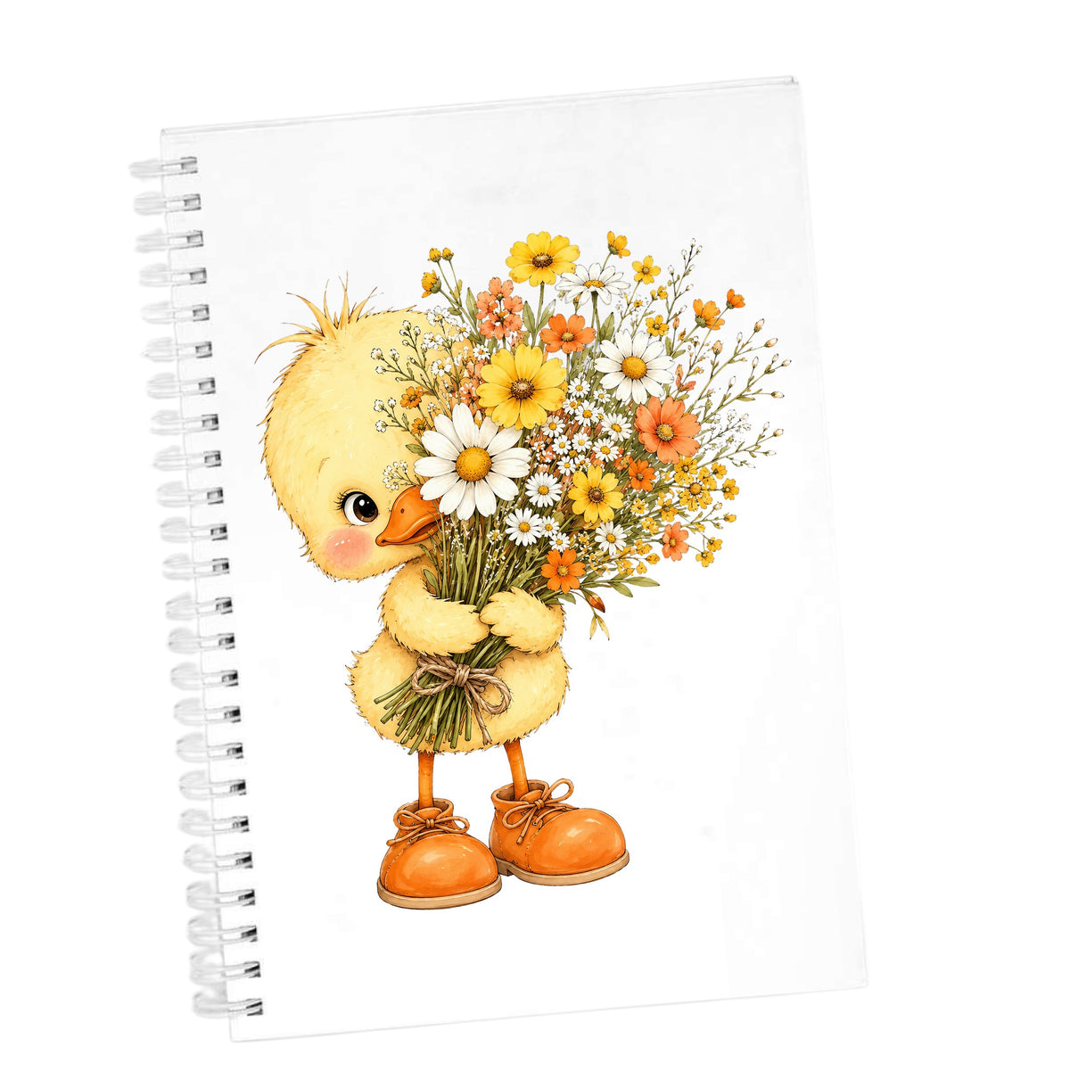 Baby Duck Holding Wildflower Bouquet UV DTF sticker applied to the cover of a white spiral journal