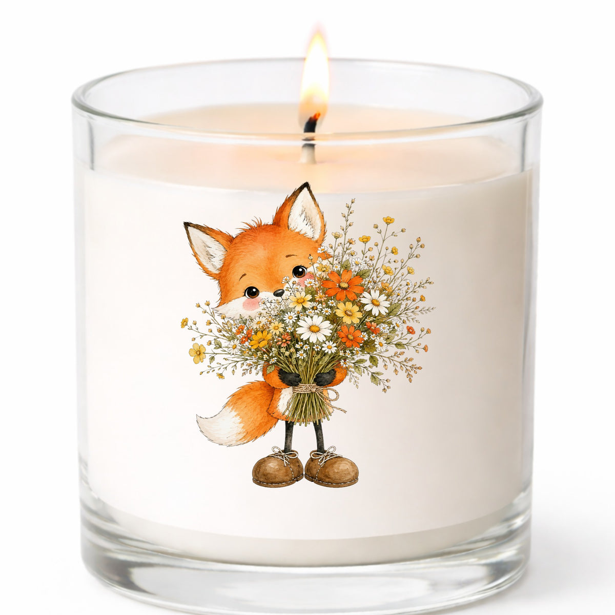 Orange Fox Holding Flower Bouquet UV DTF sticker applied to a white candle in a clear glass jar