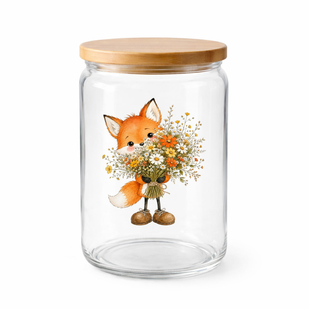 Orange Fox Holding Flower Bouquet UV DTF sticker applied to a clear glass jar with a wooden lid