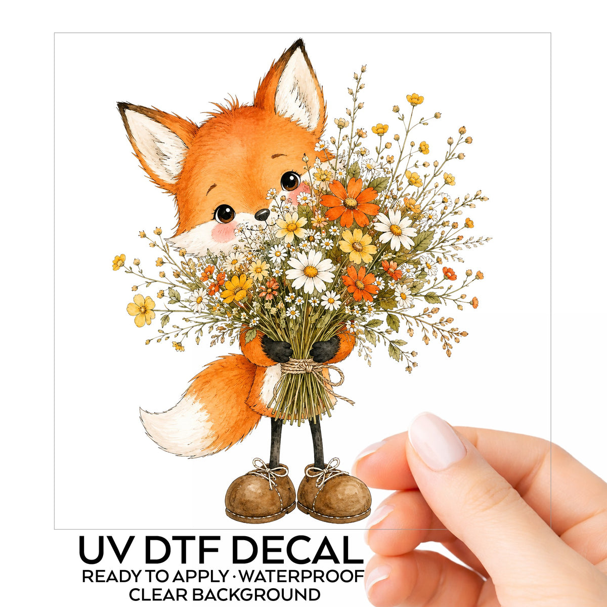 Orange Fox Holding Flower Bouquet UV DTF sticker on its backing card, held in hand